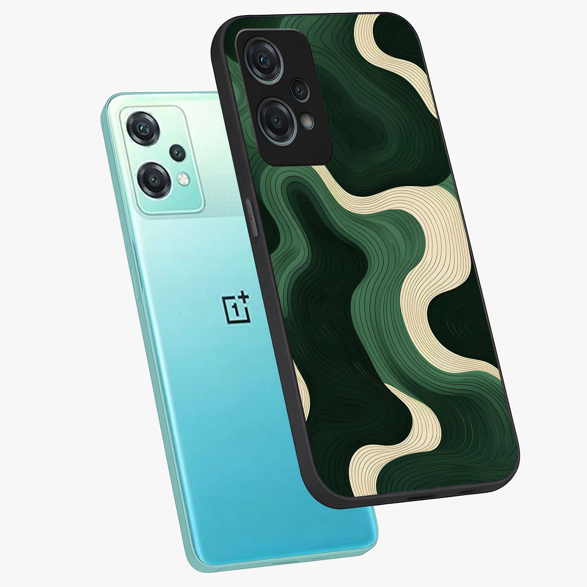 Organic Swirl Design Glass Case for 1+Nord Ce 2 Lite angled mockup showcasing glossy finish and smooth gradient tones