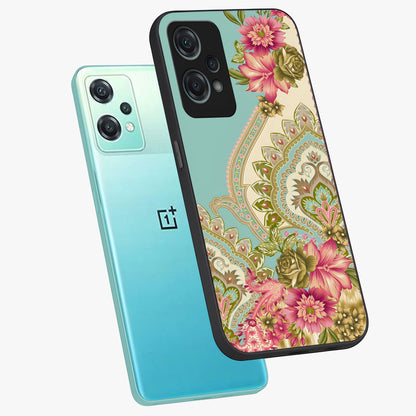 Ornate Mughal Floral Pattern Glass Case for 1+Nord Ce 2 Lite angled mockup showcasing glossy finish and rich heritage detailing