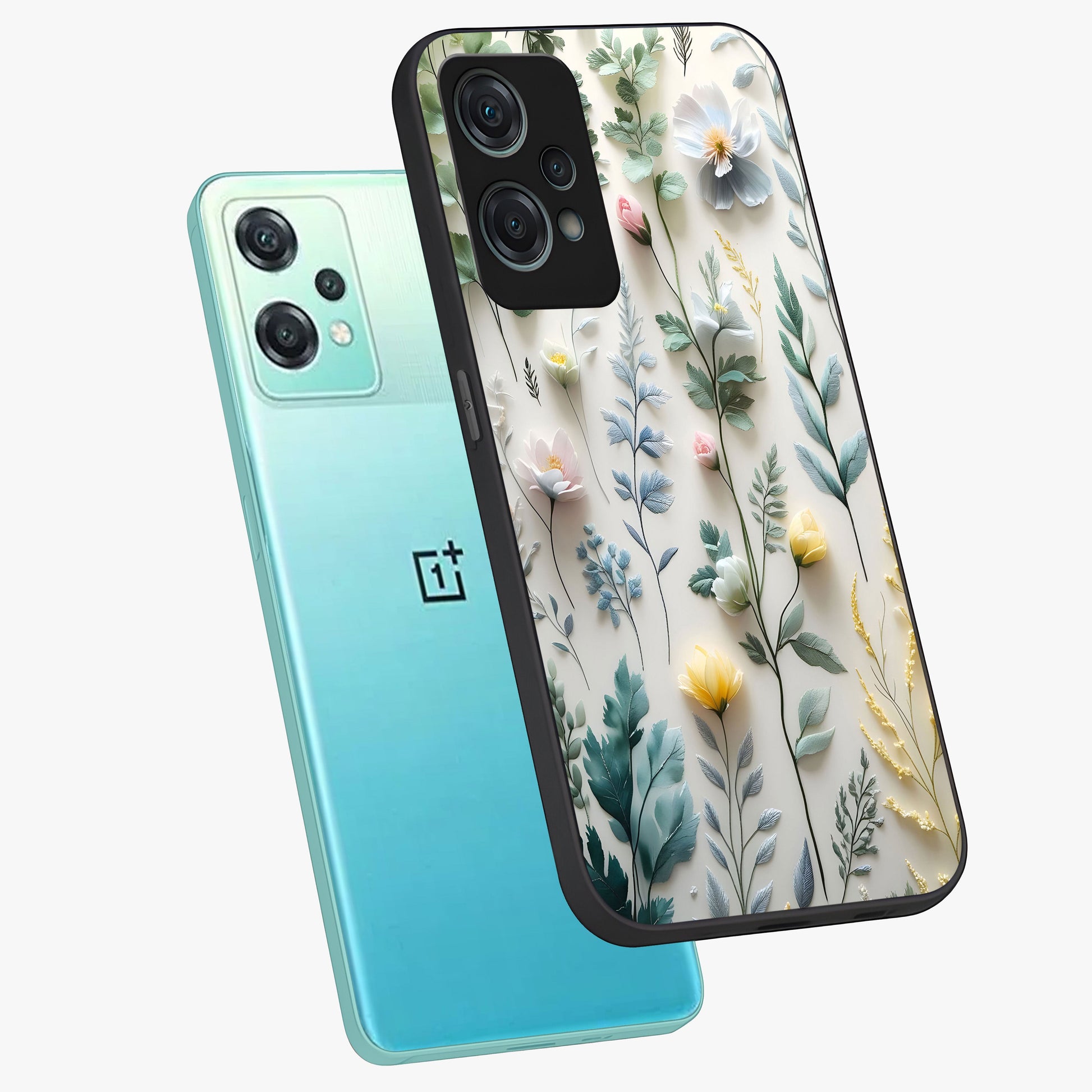 Pastel Garden Whispers Glass Case for 1+Nord Ce 2 Lite angled mockup showcasing glossy finish and gentle bloom tones