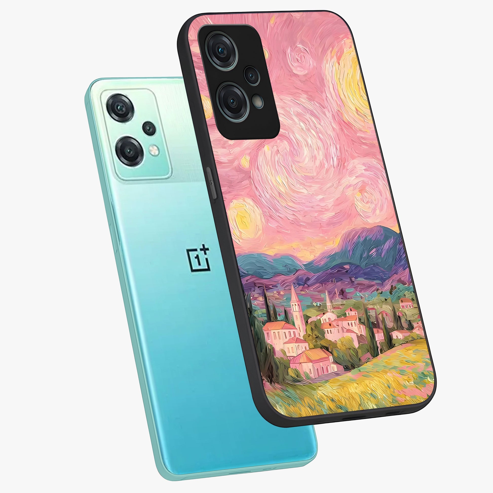 Pastel Starry Village Glass Case for 1+Nord Ce 2 Lite angled mockup showcasing glossy finish and soft celestial tones