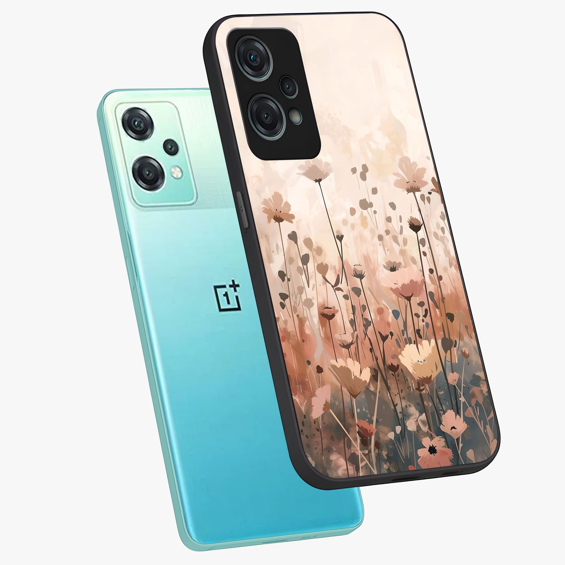 Pastel Wildflowers Glass Case for 1+Nord Ce 2 Lite angled mockup showcasing glossy finish and fresh floral detailing