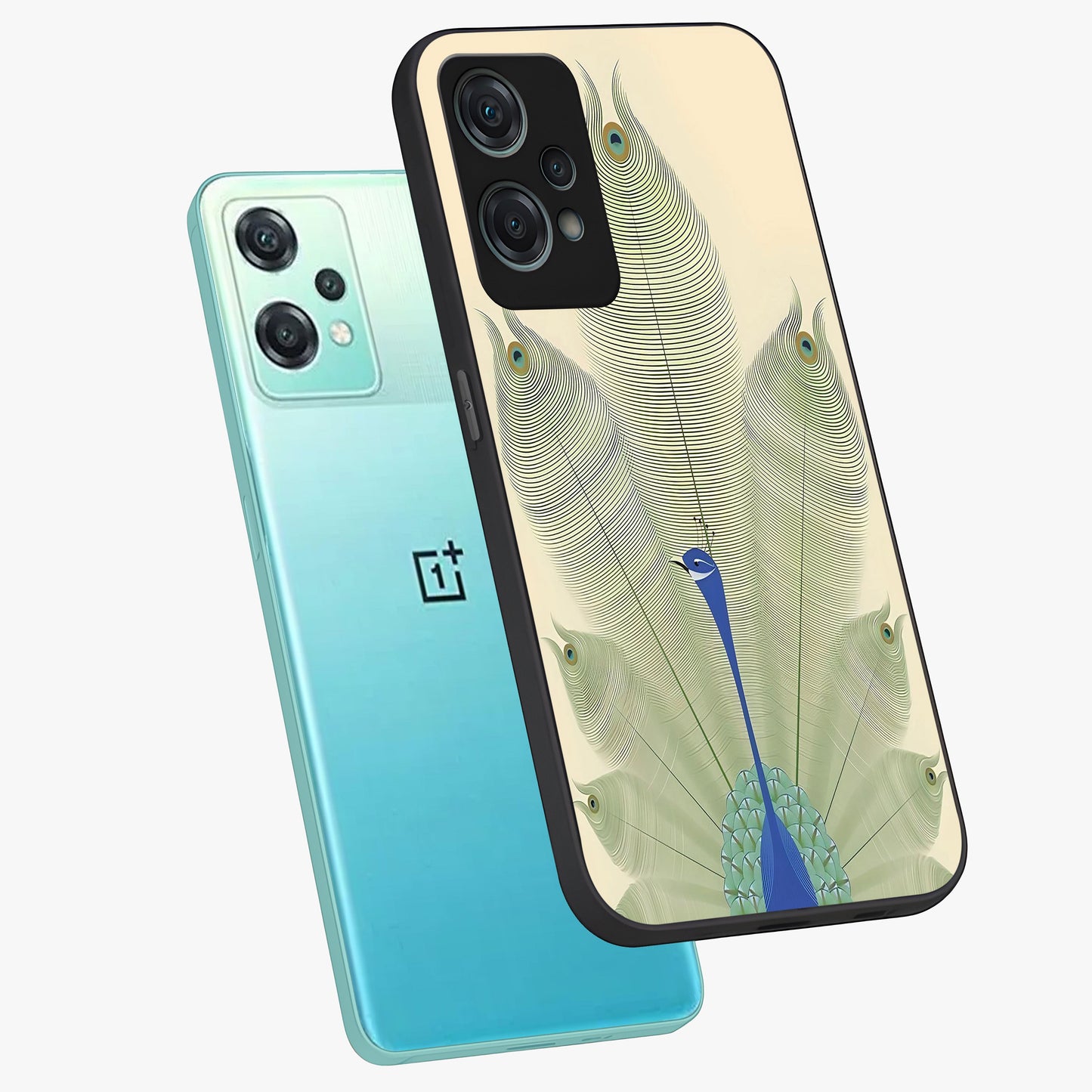 Peacock Feather Grace Glass Case for 1+Nord Ce 2 Lite angled mockup showcasing glossy glass finish and vibrant feather tones
