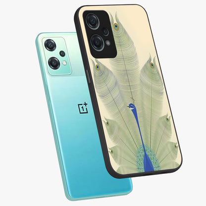 Peacock Feather Grace Glass Case for 1+Nord Ce 2 Lite angled mockup showcasing glossy glass finish and vibrant feather tones