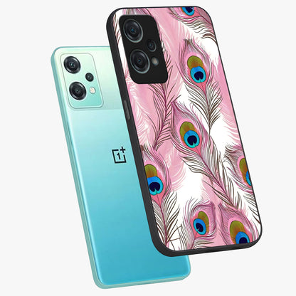 Peacock Feathers Floating Glass Case for 1+Nord Ce 2 Lite angled mockup showcasing glossy finish and graceful detailing