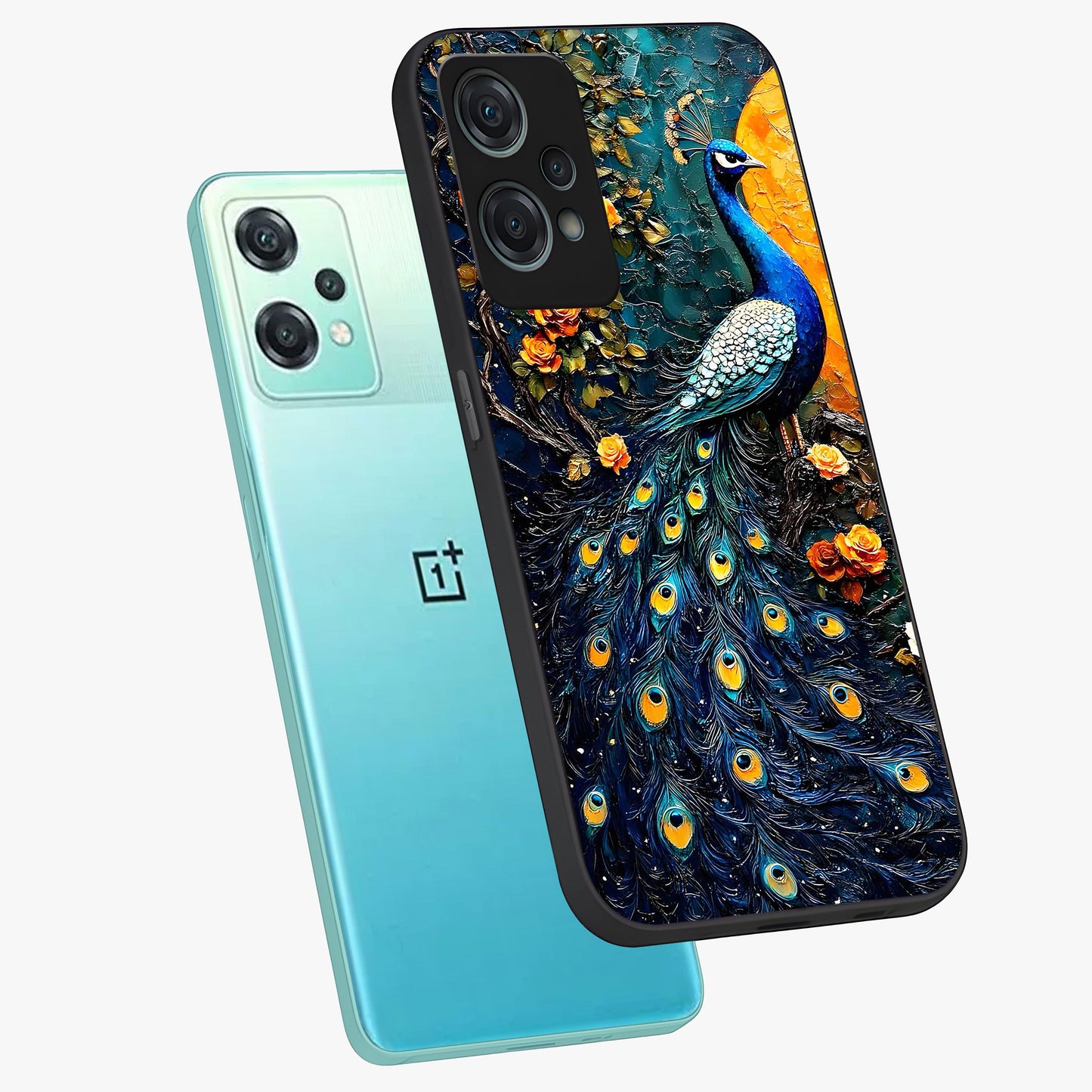 Peacock With Yellow Moon Glass Case for 1+Nord Ce 2 Lite angled mockup showcasing glossy finish and deep night tones