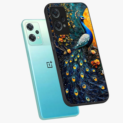 Peacock With Yellow Moon Glass Case for 1+Nord Ce 2 Lite angled mockup showcasing glossy finish and deep night tones