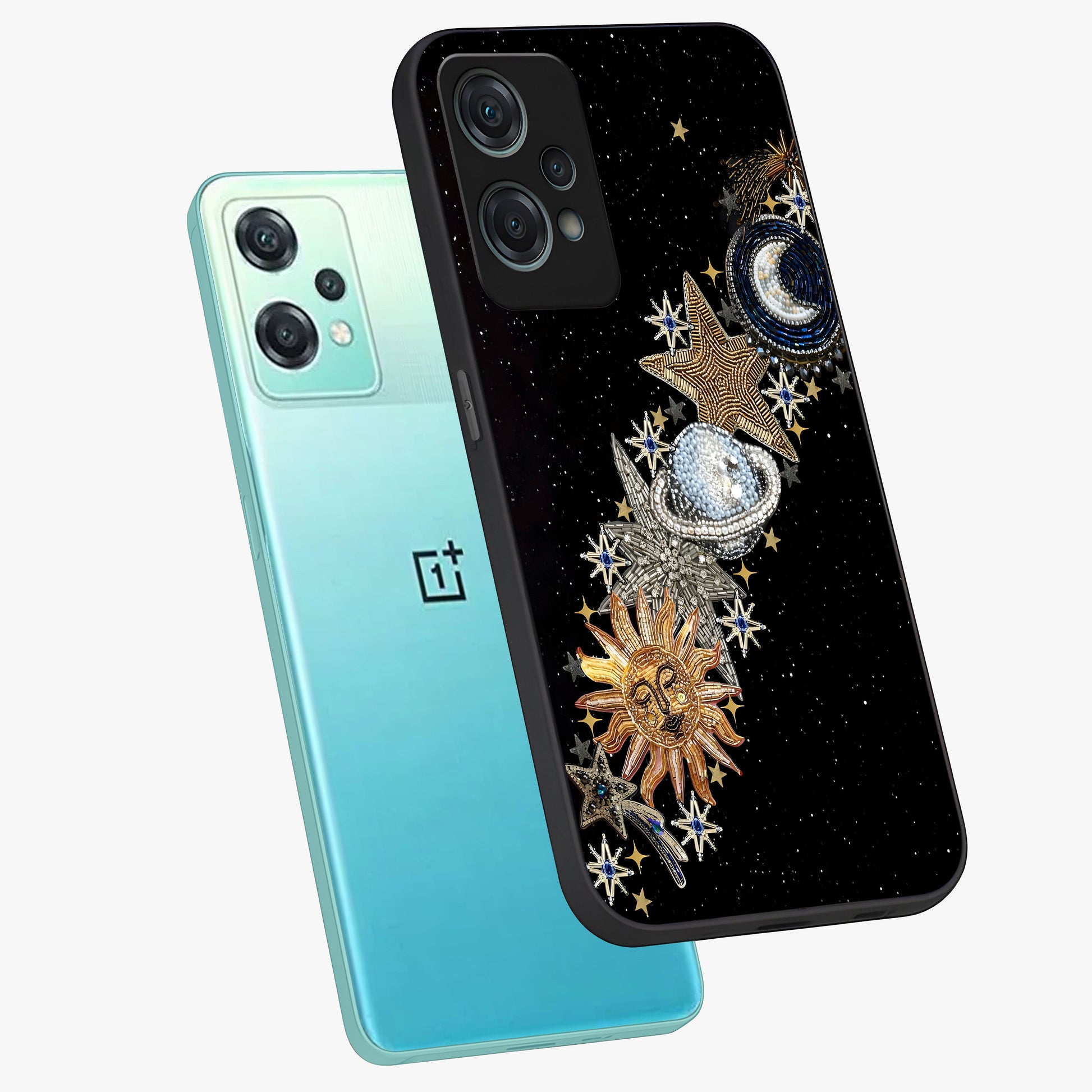 Pearls Universe Object Glass Case for 1+Nord Ce 2 Lite angled mockup showcasing glossy finish and luminous celestial tones