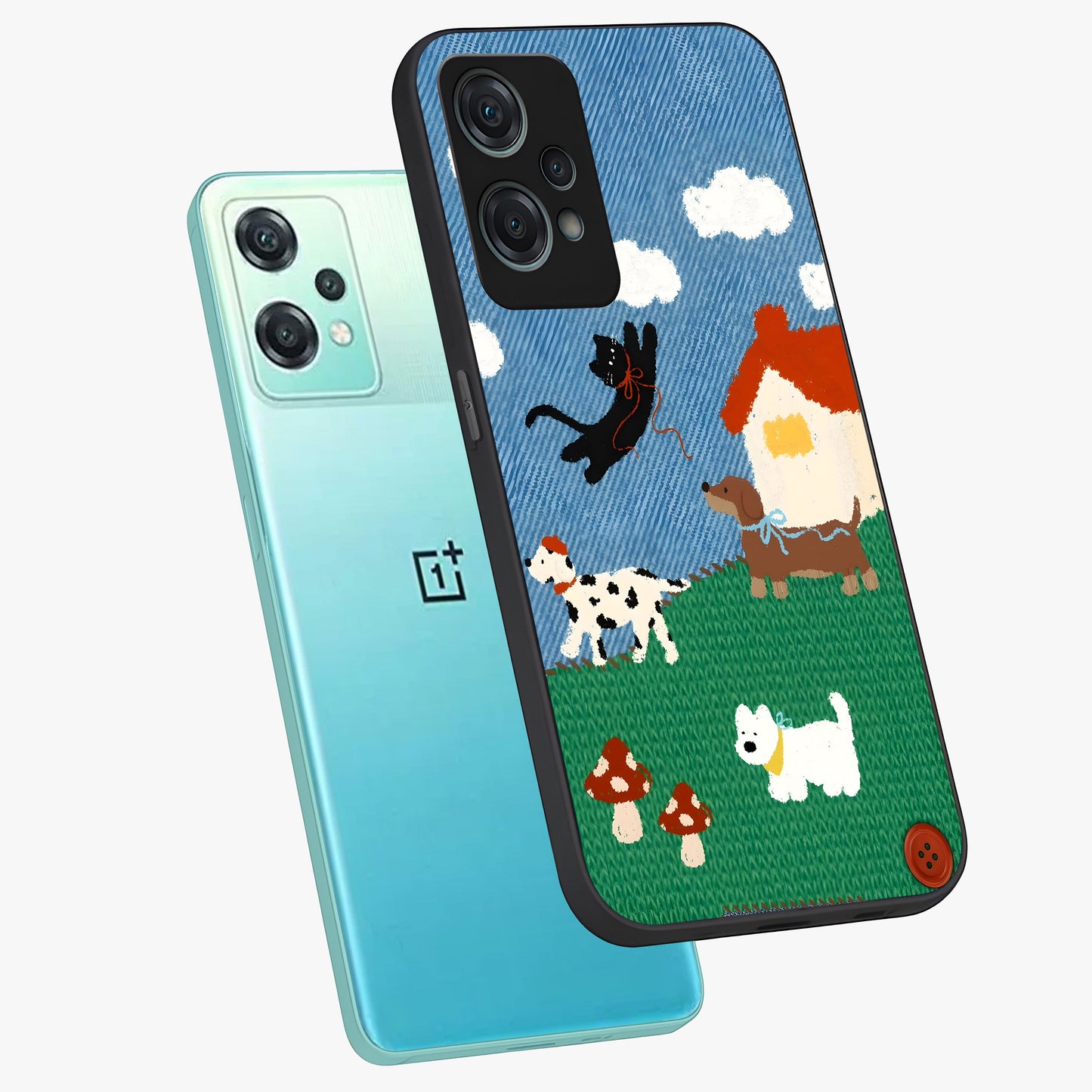 Pet Adventures Glass Case for 1+Nord Ce 2 Lite angled mockup showcasing glossy finish and vibrant cartoon tones