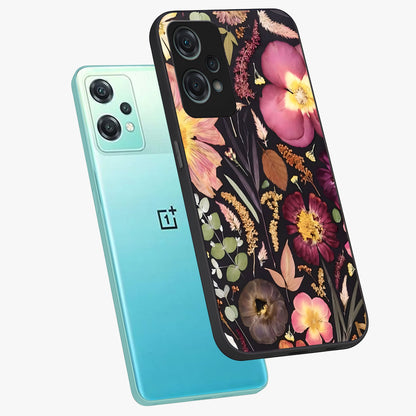 Petal Dream Tapestry Glass Case for 1+Nord Ce 2 Lite angled mockup showcasing glossy finish and rich bloom detailing