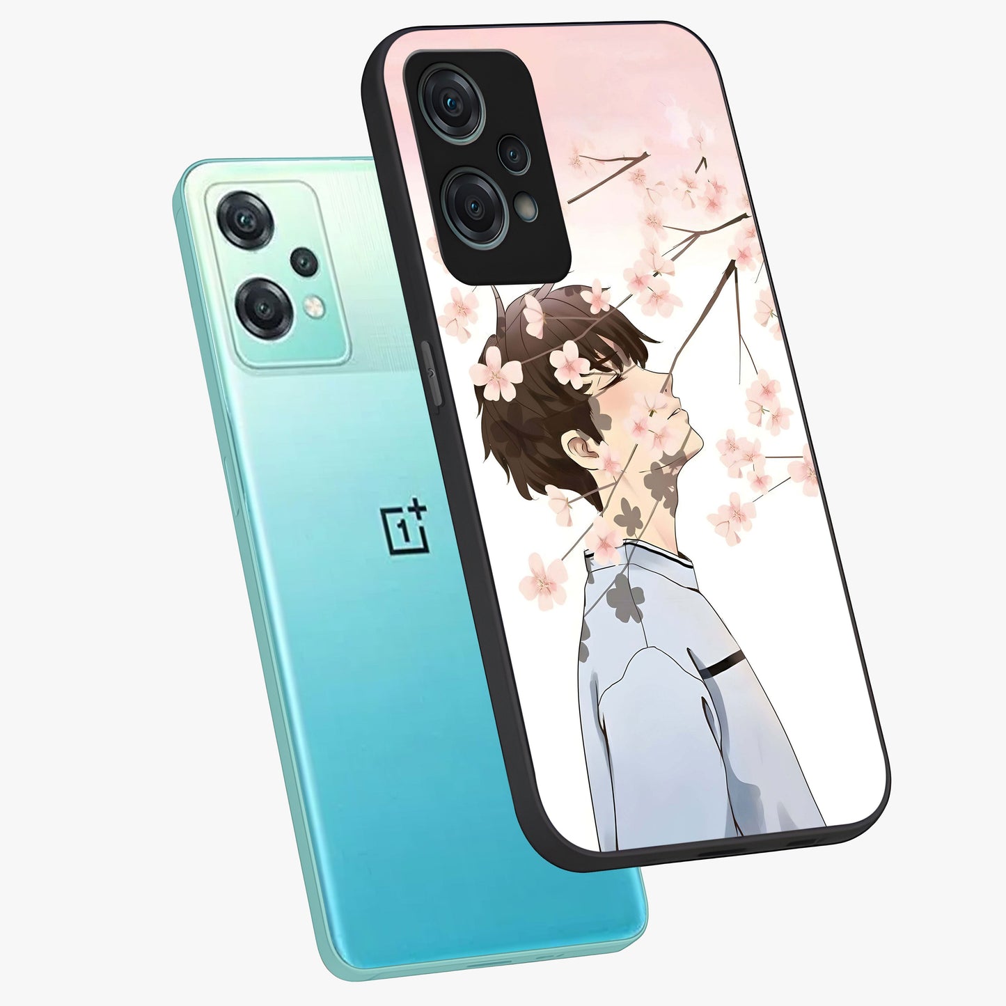 Pink Blossom Boy Glass Case for 1+Nord Ce 2 Lite angled mockup showcasing glossy finish and soft bloom tones