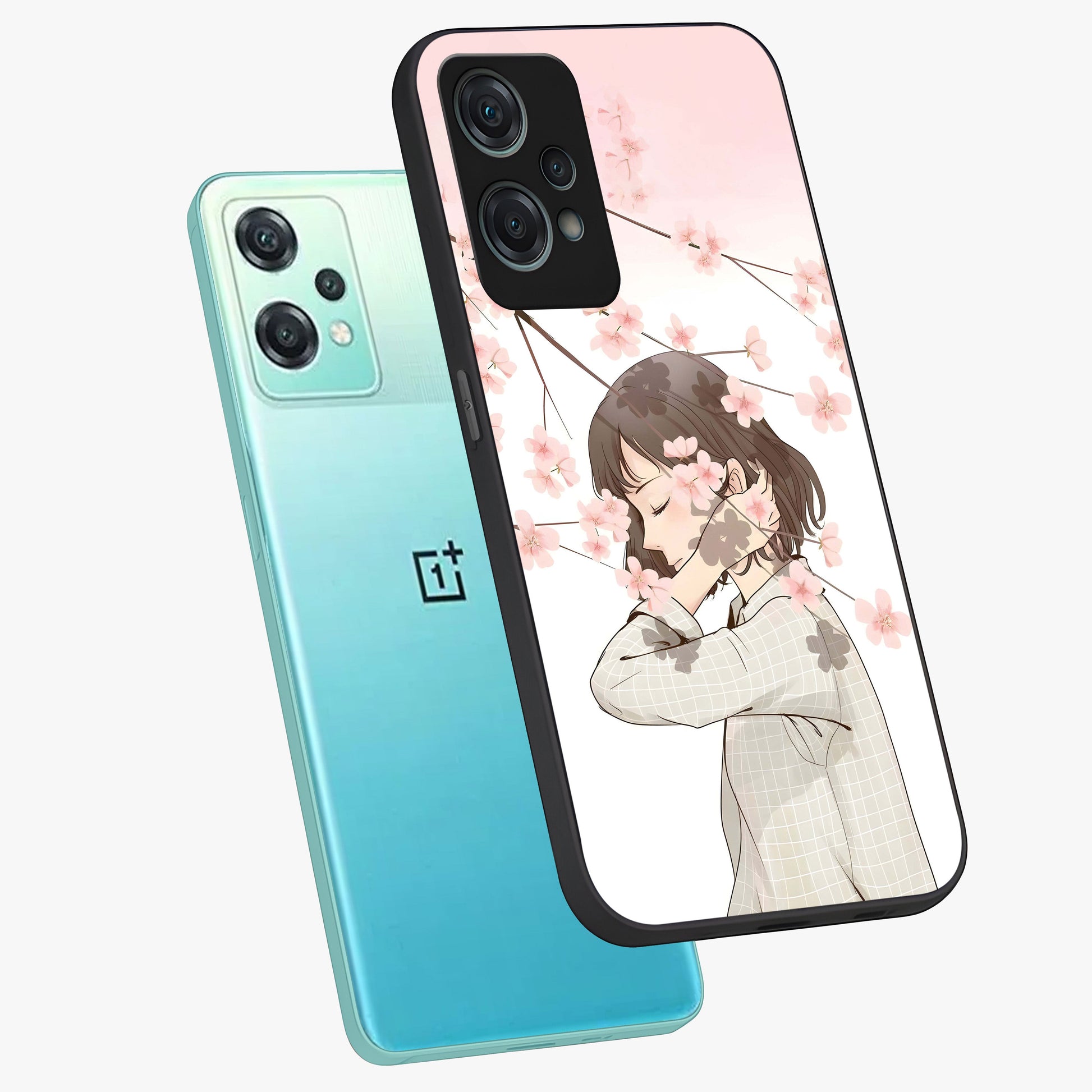 Pink Blossom Girl Glass Case for 1+Nord Ce 2 Lite angled mockup showcasing glossy finish and pastel floral detailing