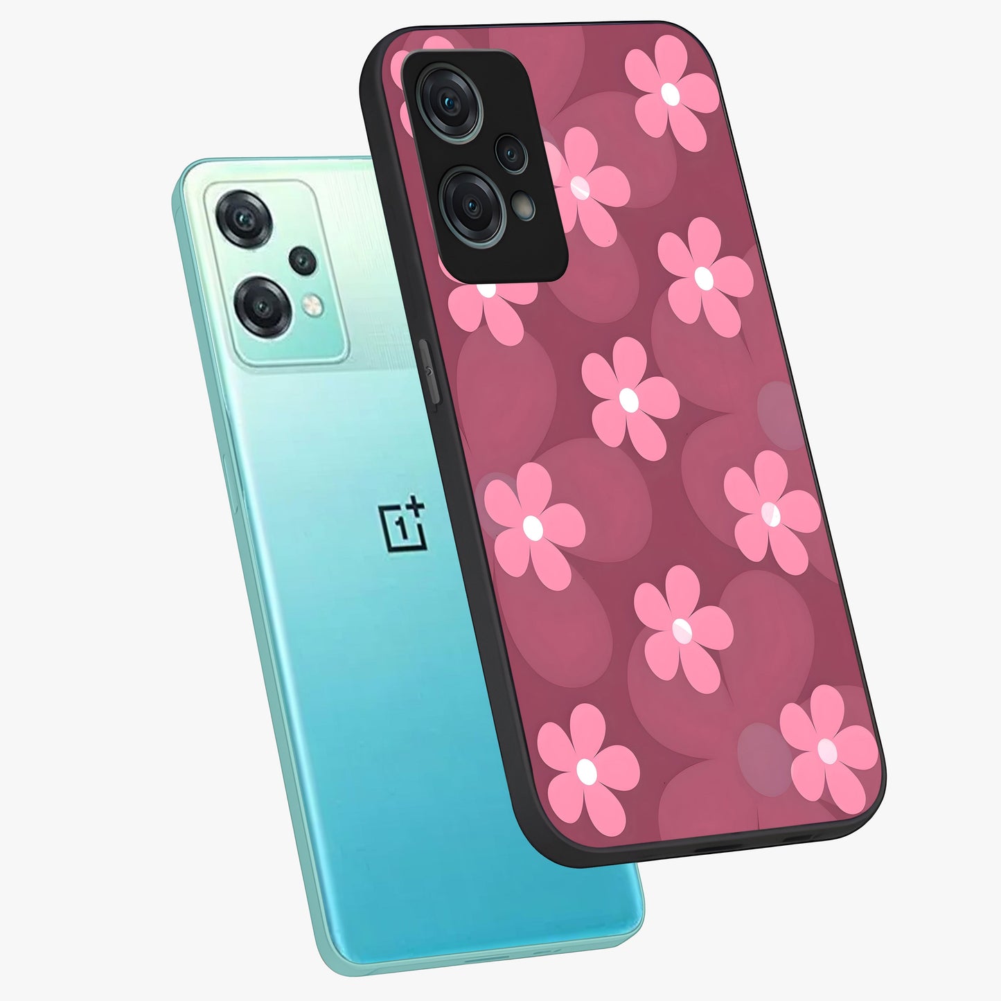 Pink Daisy Flower Pattern Glass Case for 1+Nord Ce 2 Lite angled mockup showcasing glossy finish and playful bloom detailing