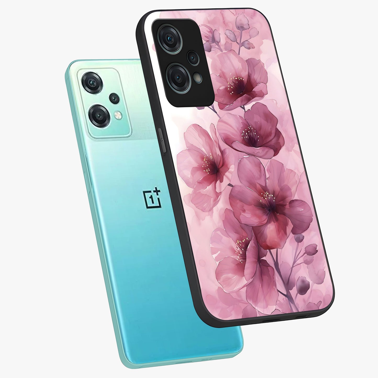 Pink Floral Glass Case for 1+Nord Ce 2 Lite angled mockup showcasing glossy finish and delicate bloom detailing