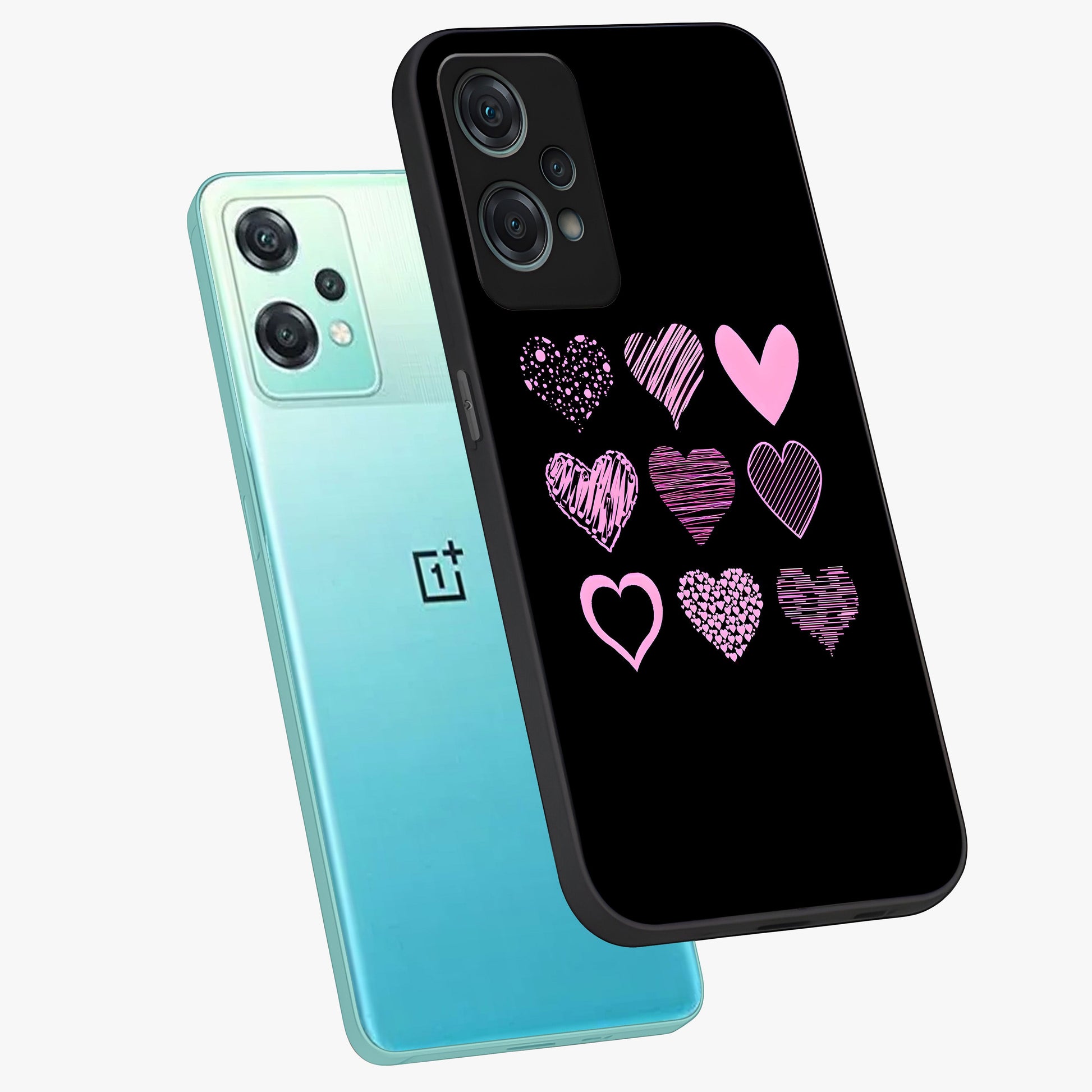 Pink Heart Aesthetic Glass Case for 1+Nord Ce 2 Lite angled mockup showcasing glossy finish and pastel romantic detailing