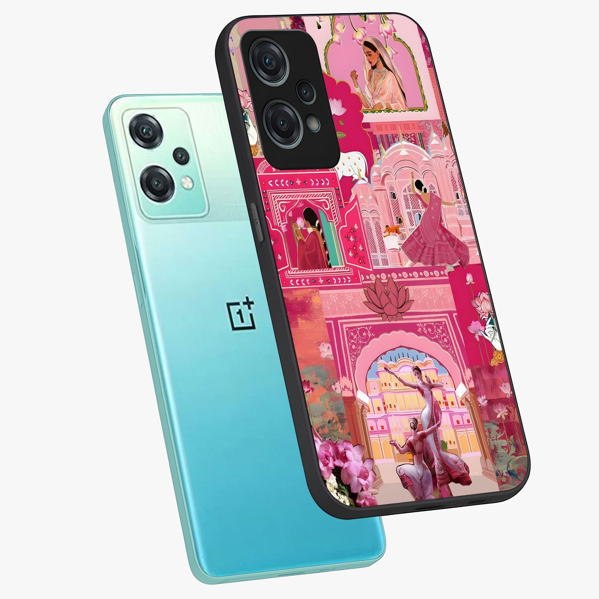 Pink Palace Muse Glass Case for 1+Nord Ce 2 Lite angled mockup showcasing glossy finish and refined architectural detailing
