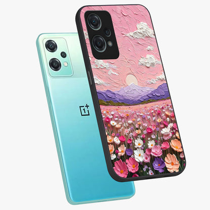 Pink Pastel Groovy Art Glass Case for 1+Nord Ce 2 Lite angled mockup showcasing glossy finish and vibrant abstract detailing