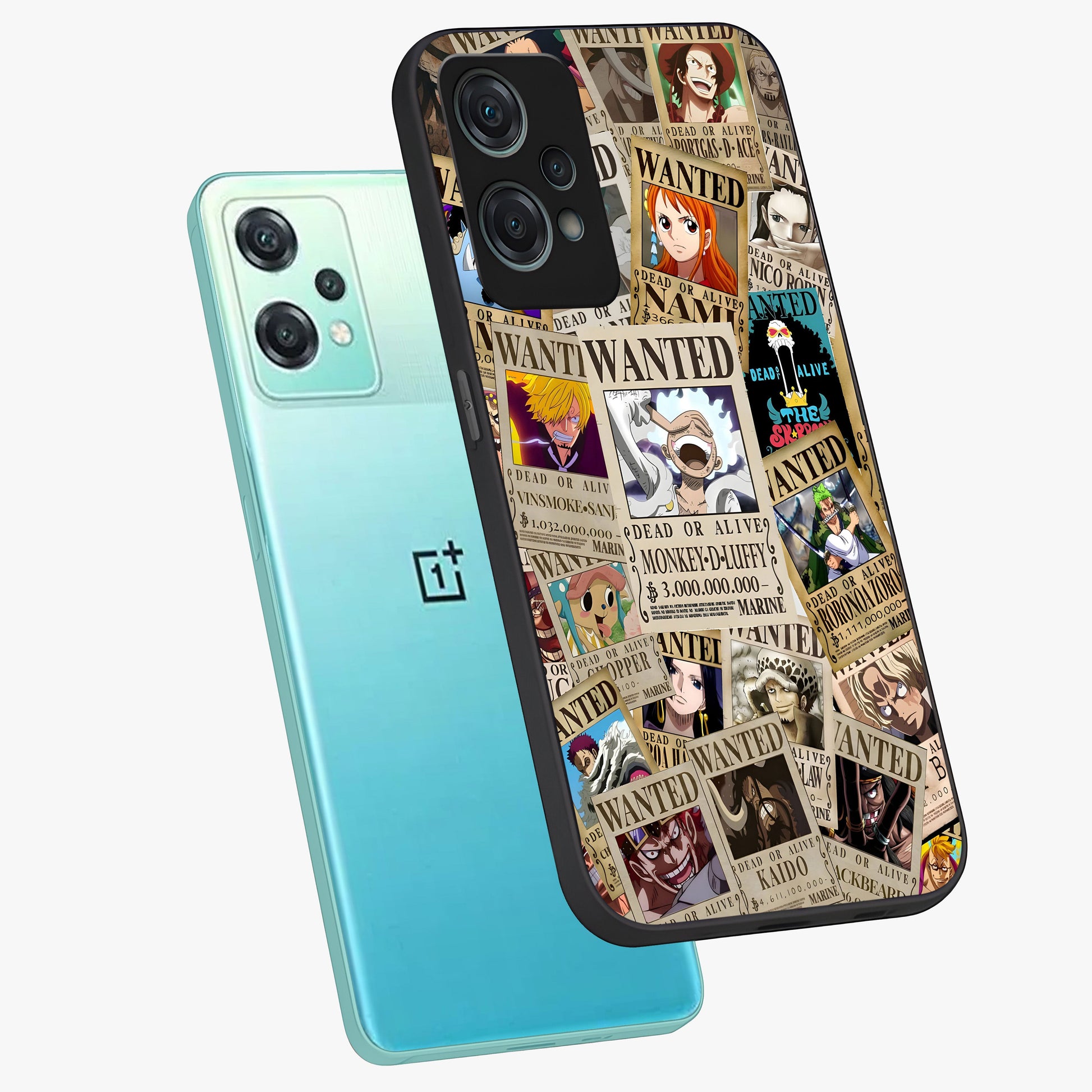 Pirate Wanted Legends Glass Case for 1+Nord Ce 2 Lite angled mockup showcasing glossy glass finish and dramatic vintage tones