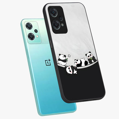 Playful Panda Parade Glass Case for 1+Nord Ce 2 Lite angled mockup showcasing glossy finish and soft pastel tones