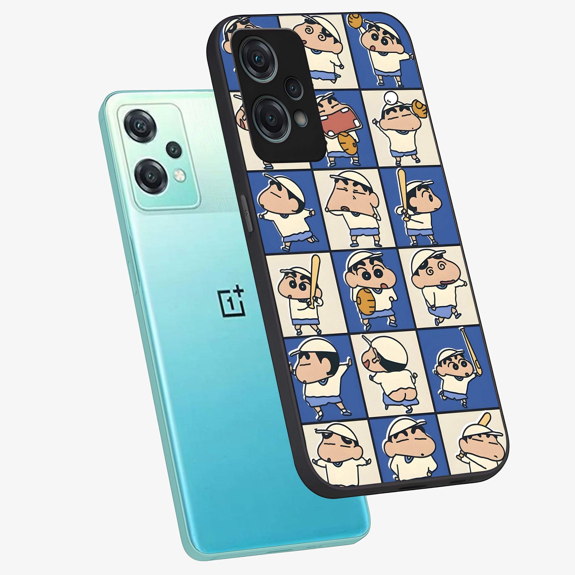 Playful Shin Swing Glass Case for 1+Nord Ce 2 Lite angled mockup showcasing glossy finish and vibrant cartoon detailing