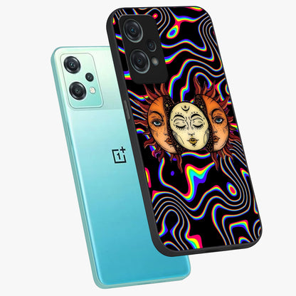 Psychedelic Sun Glass Case for 1+Nord Ce 2 Lite angled mockup showcasing glossy finish and bold abstract detailing