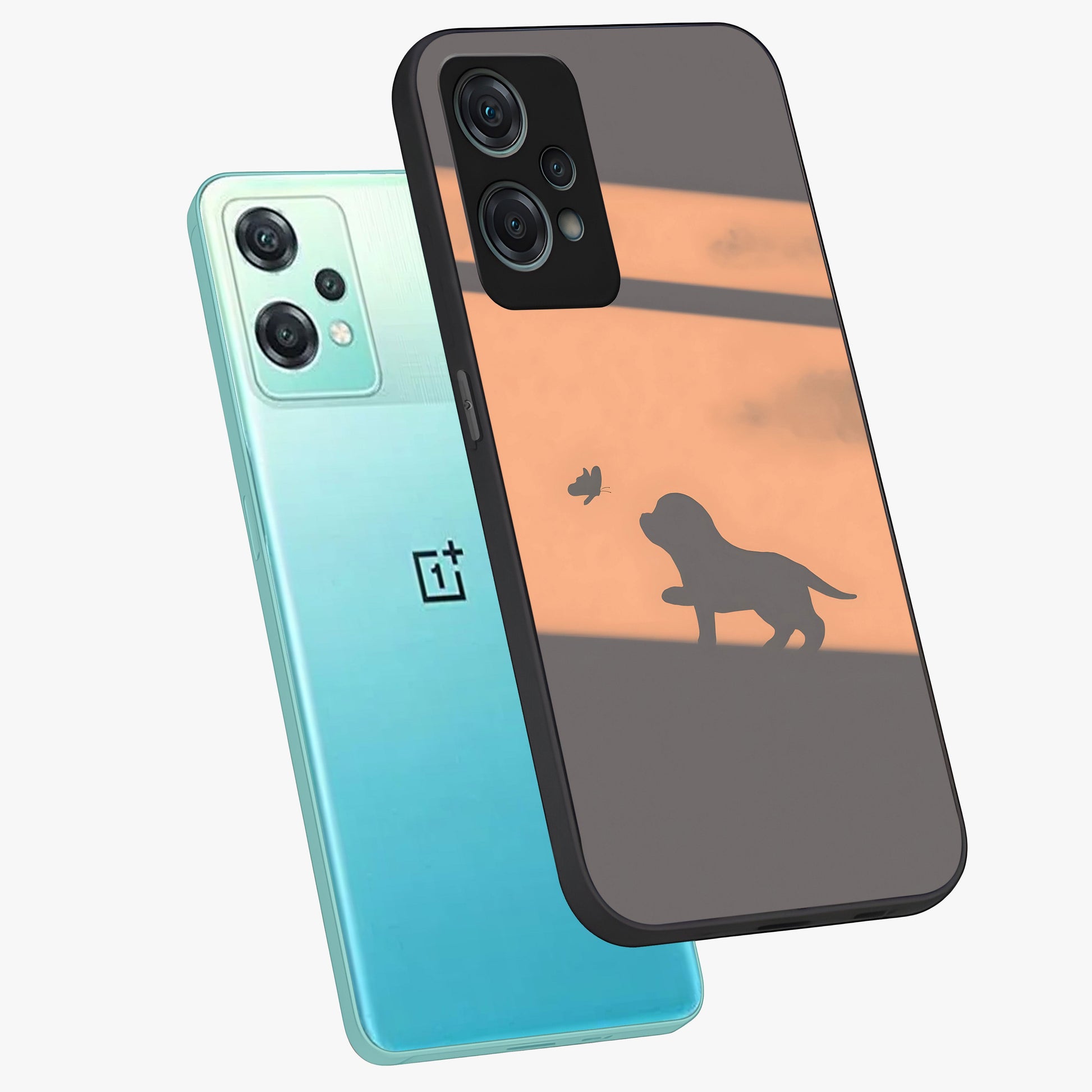 Puppy Shadow Art Glass Case for 1+Nord Ce 2 Lite angled mockup showcasing glossy finish and soft shadow detailing