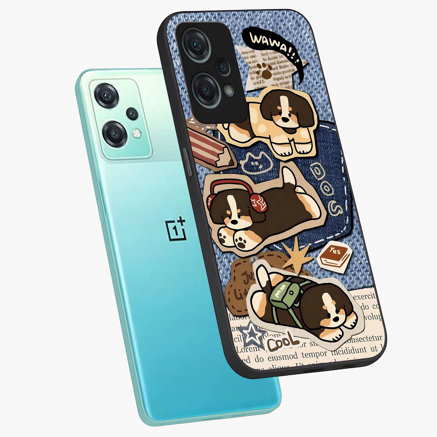 Puppy Sticker Parade Glass Case for 1+Nord Ce 2 Lite angled mockup showcasing glossy finish and colorful cartoon detailing