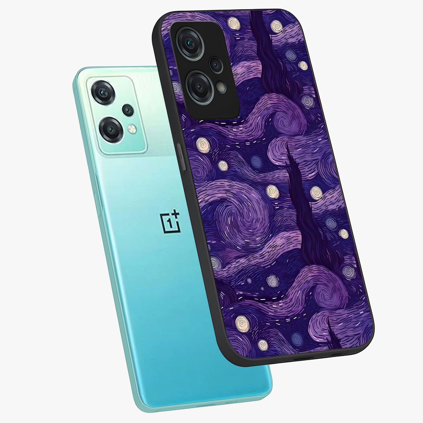 Purple Swirls Glass Case for 1+Nord Ce 2 Lite angled mockup showcasing glossy finish and smooth gradient detailing