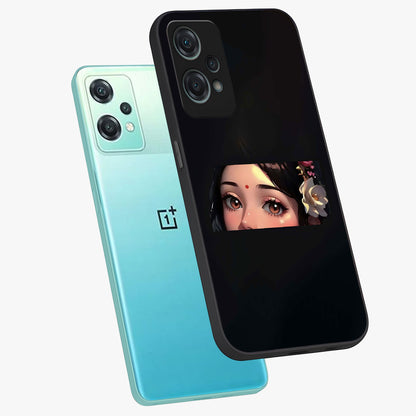 Radha Divine Embrace Glass Case for 1+Nord Ce 2 Lite angled mockup showcasing glossy glass finish and vibrant spiritual tones