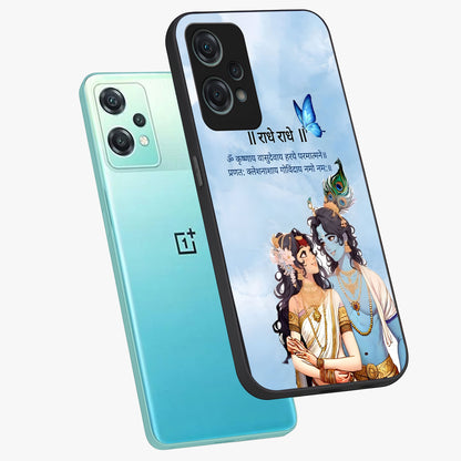 Radha Krishna Eternal Glass Case for 1+Nord Ce 2 Lite angled mockup showcasing glossy finish and rich cultural tones