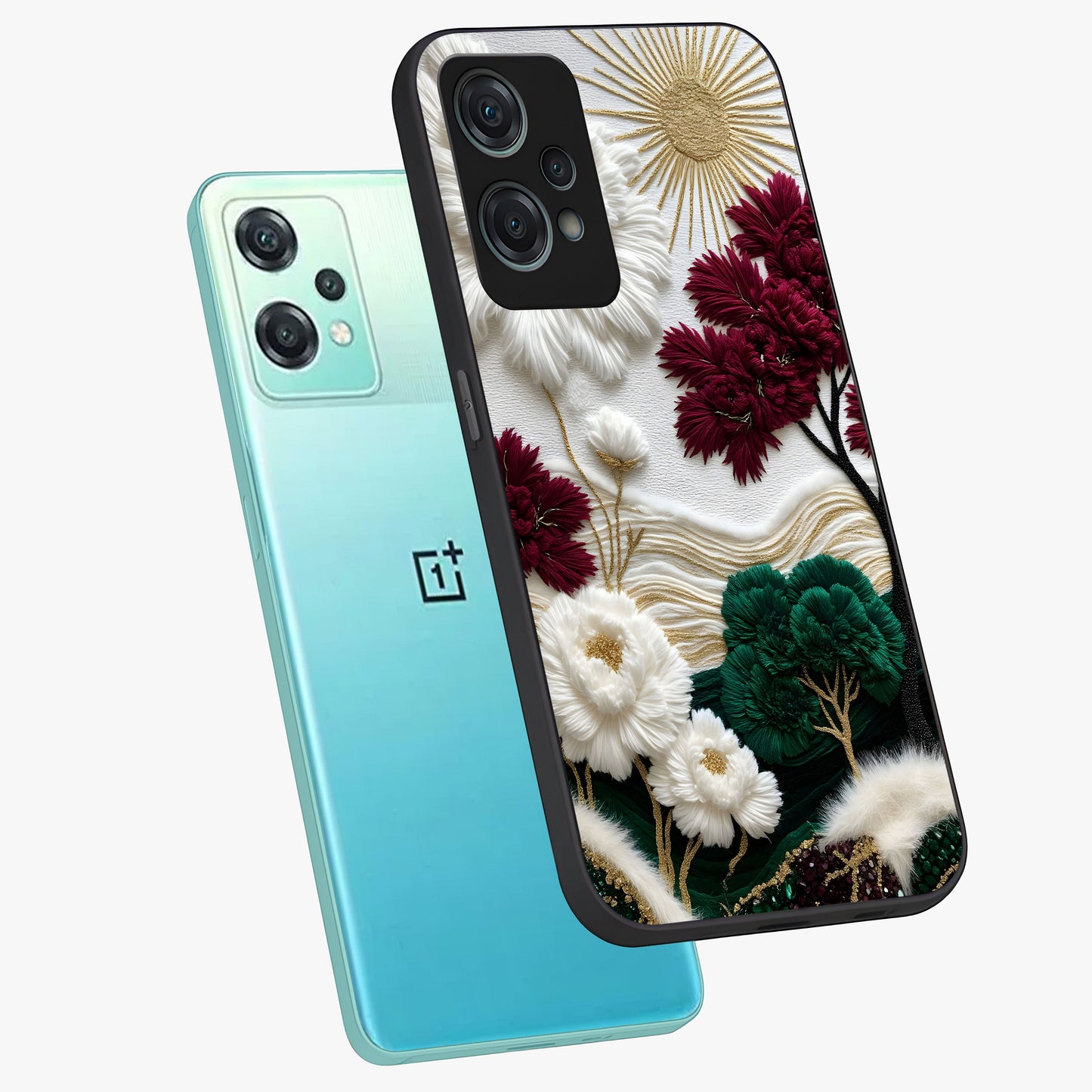 Radiant Bloom Elegance Glass Case for 1+Nord Ce 2 Lite angled mockup showcasing glossy finish and refined bloom detailing