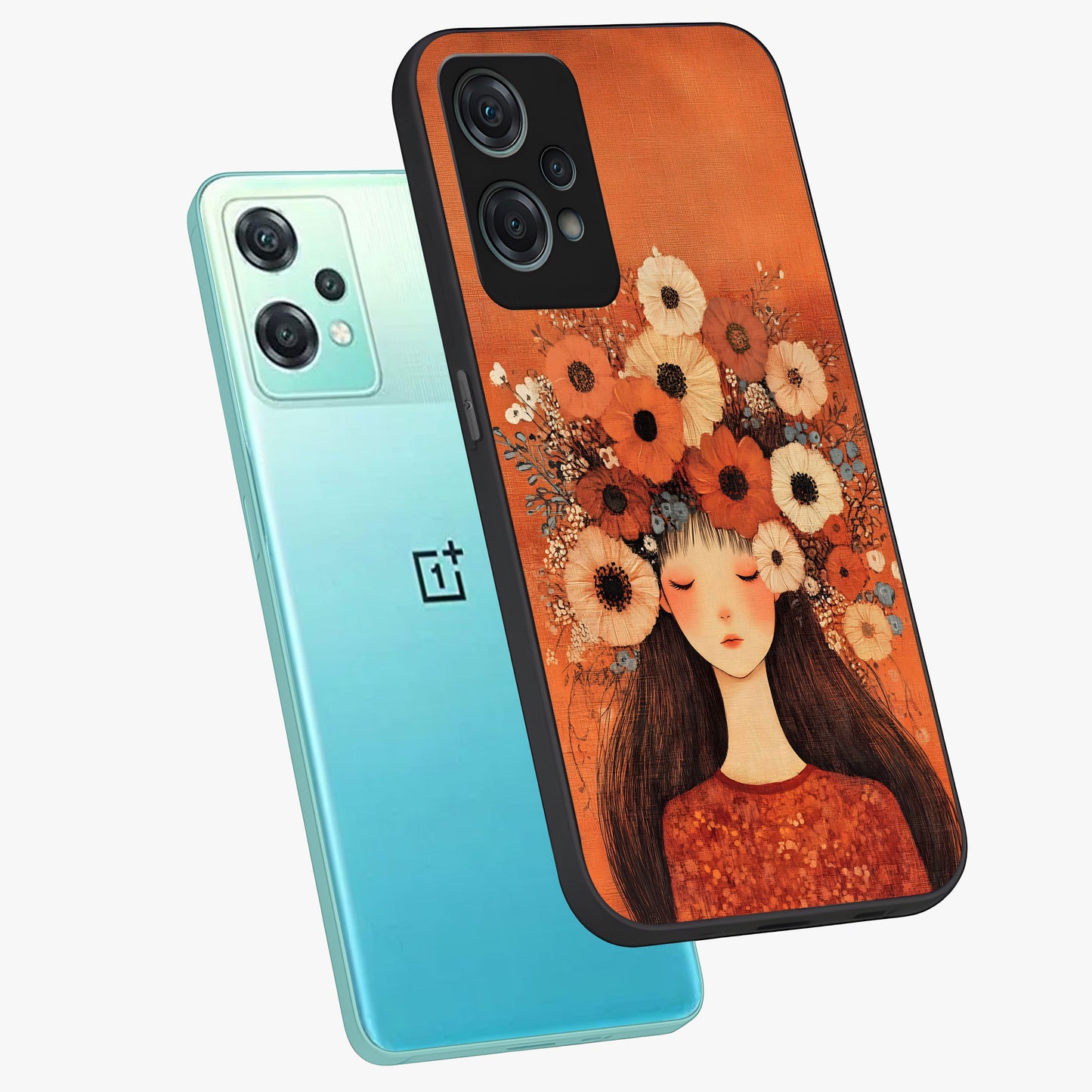 Radiant Flower Thoughts Glass Case for 1+Nord Ce 2 Lite angled mockup showcasing glossy finish and pastel bloom detailing