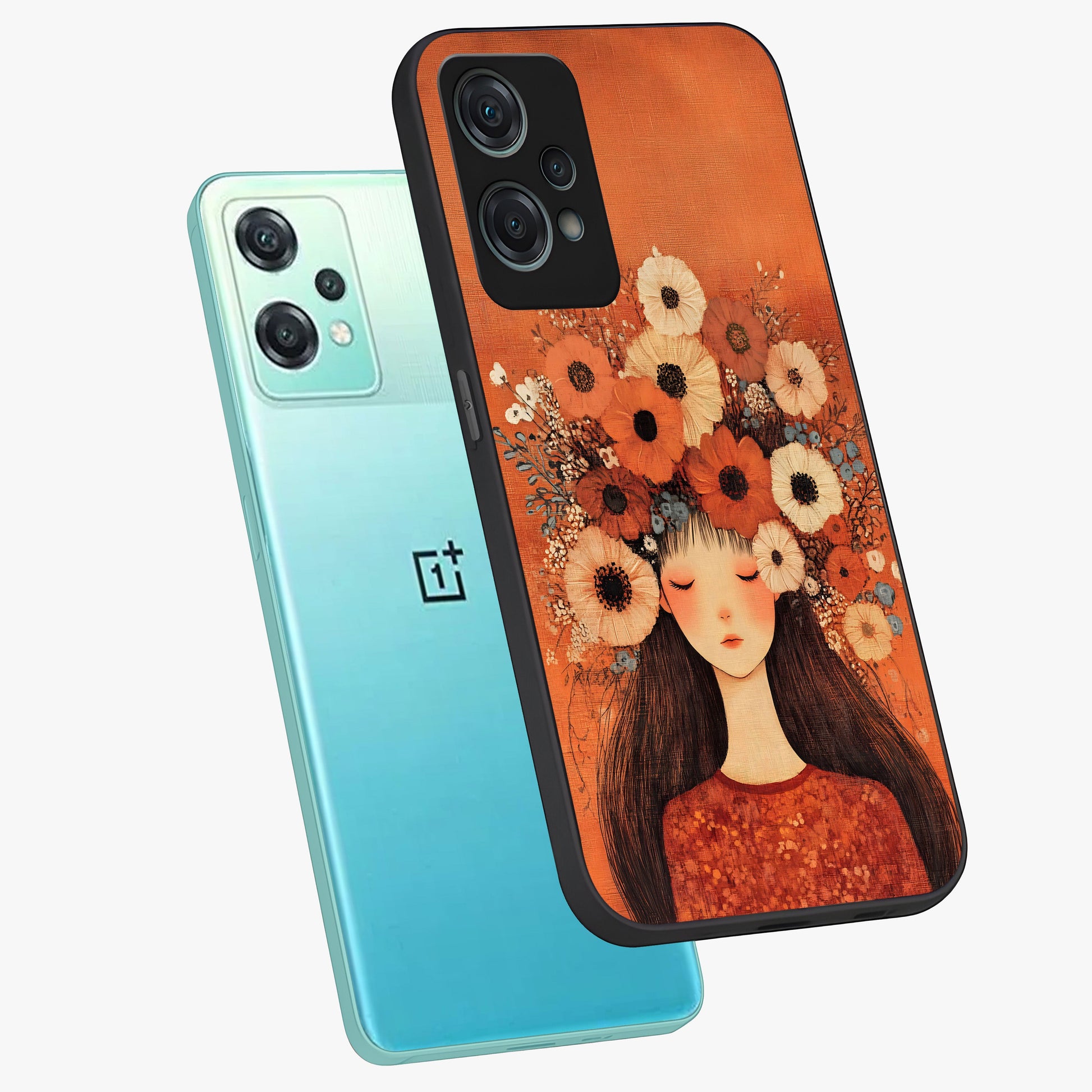 Radiant Flower Thoughts Glass Case for 1+Nord Ce 2 Lite angled mockup showcasing glossy finish and pastel bloom detailing