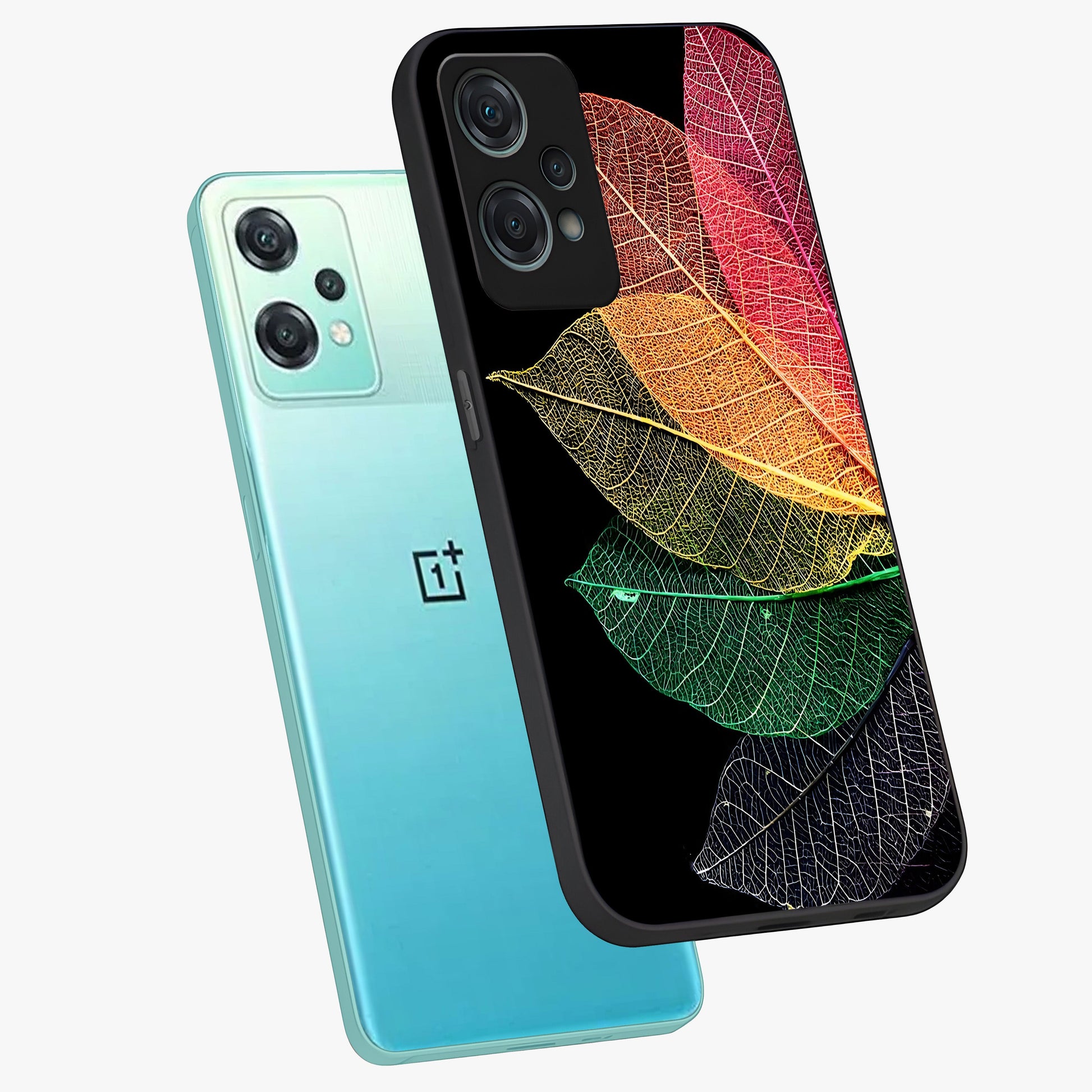 Rainbow Leaf Glow Glass Case for 1+Nord Ce 2 Lite angled mockup showcasing glossy finish and radiant gradient tones
