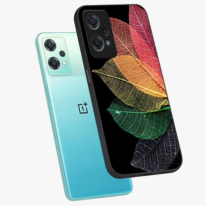 Rainbow Leaf Glow Glass Case for 1+Nord Ce 2 Lite angled mockup showcasing glossy finish and radiant gradient tones