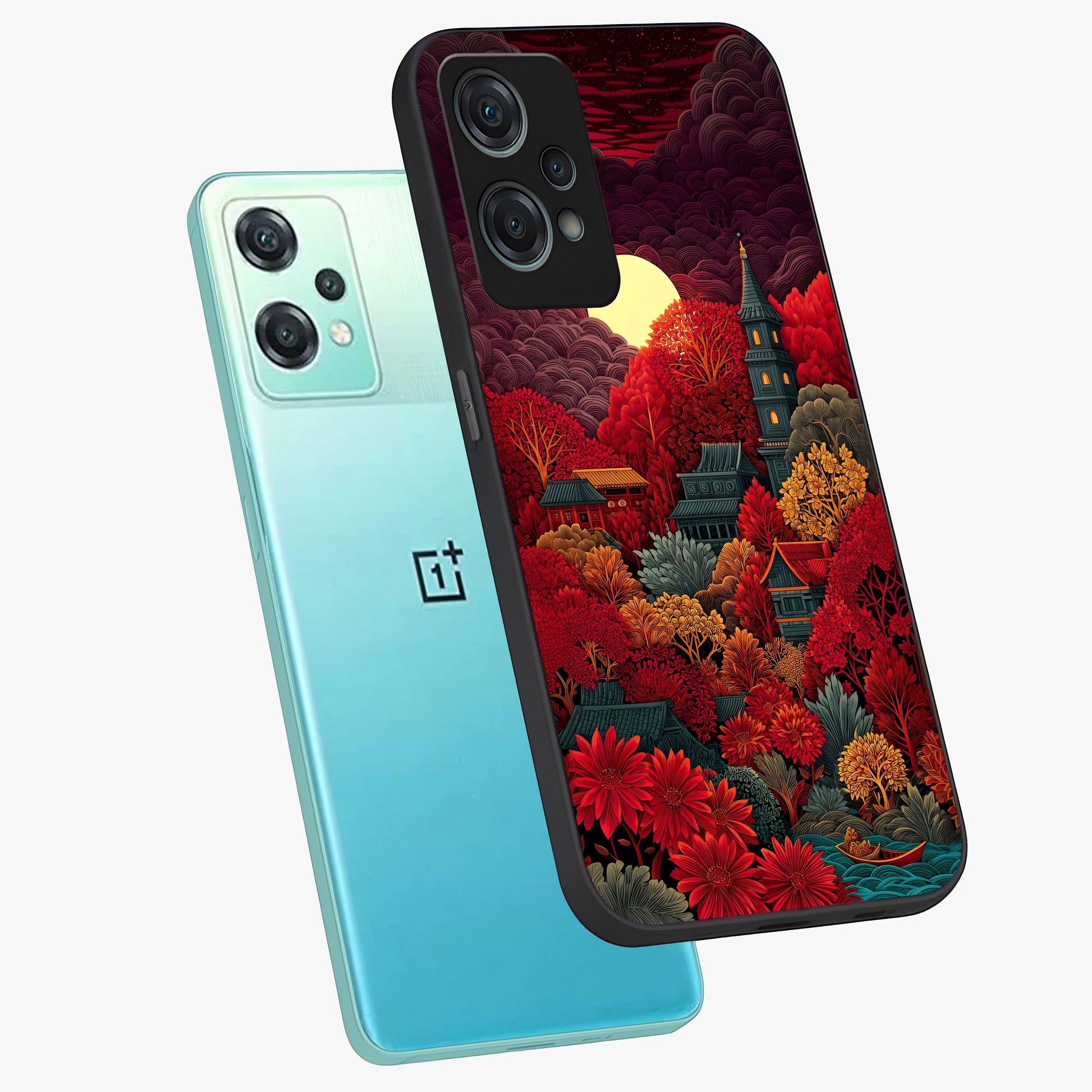 Red Scenery Hot Glass Case for 1+Nord Ce 2 Lite angled mockup showcasing glossy finish and intense sunset tones
