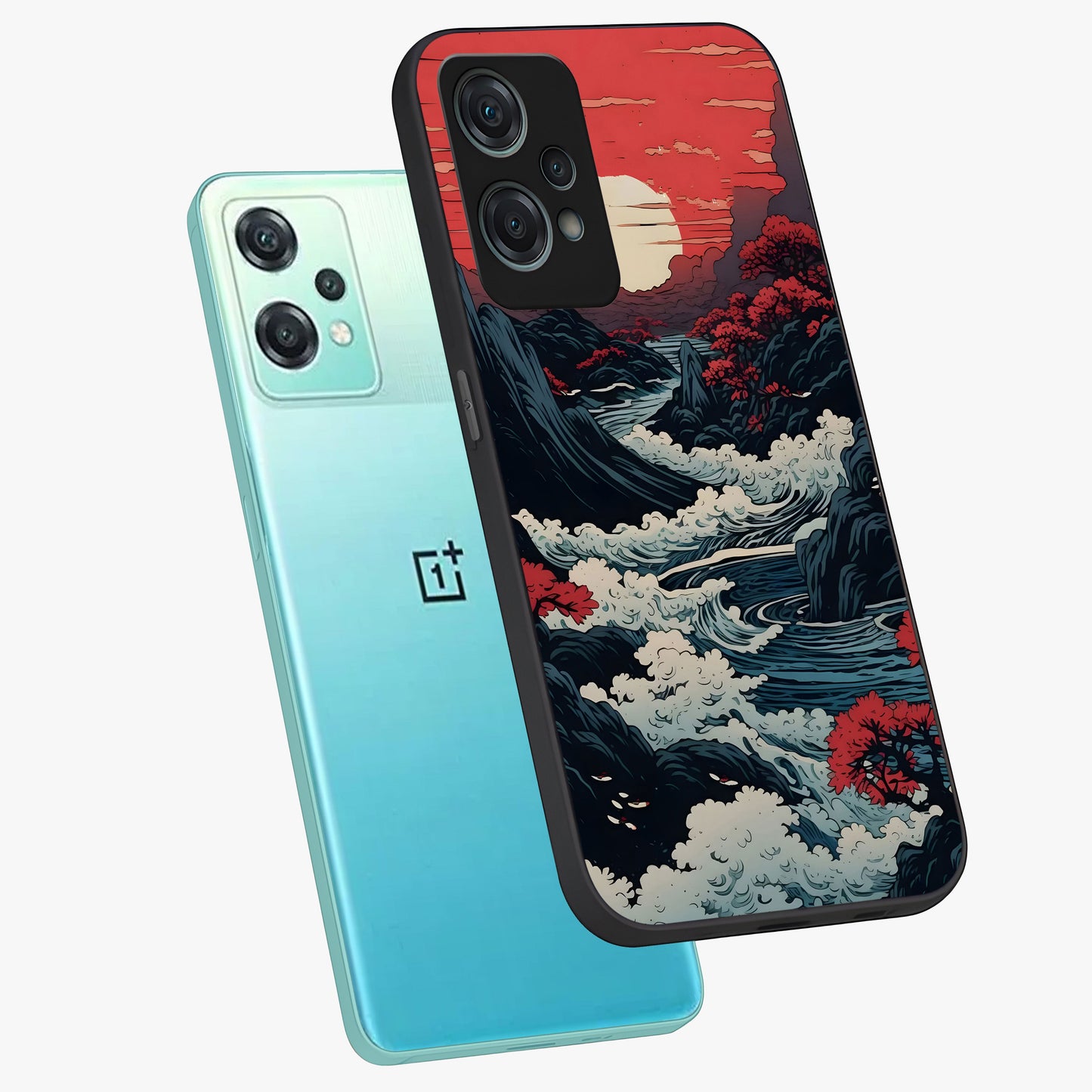 Red Sunset Scenery Glass Case for 1+Nord Ce 2 Lite angled mockup showcasing glossy finish and rich crimson tones