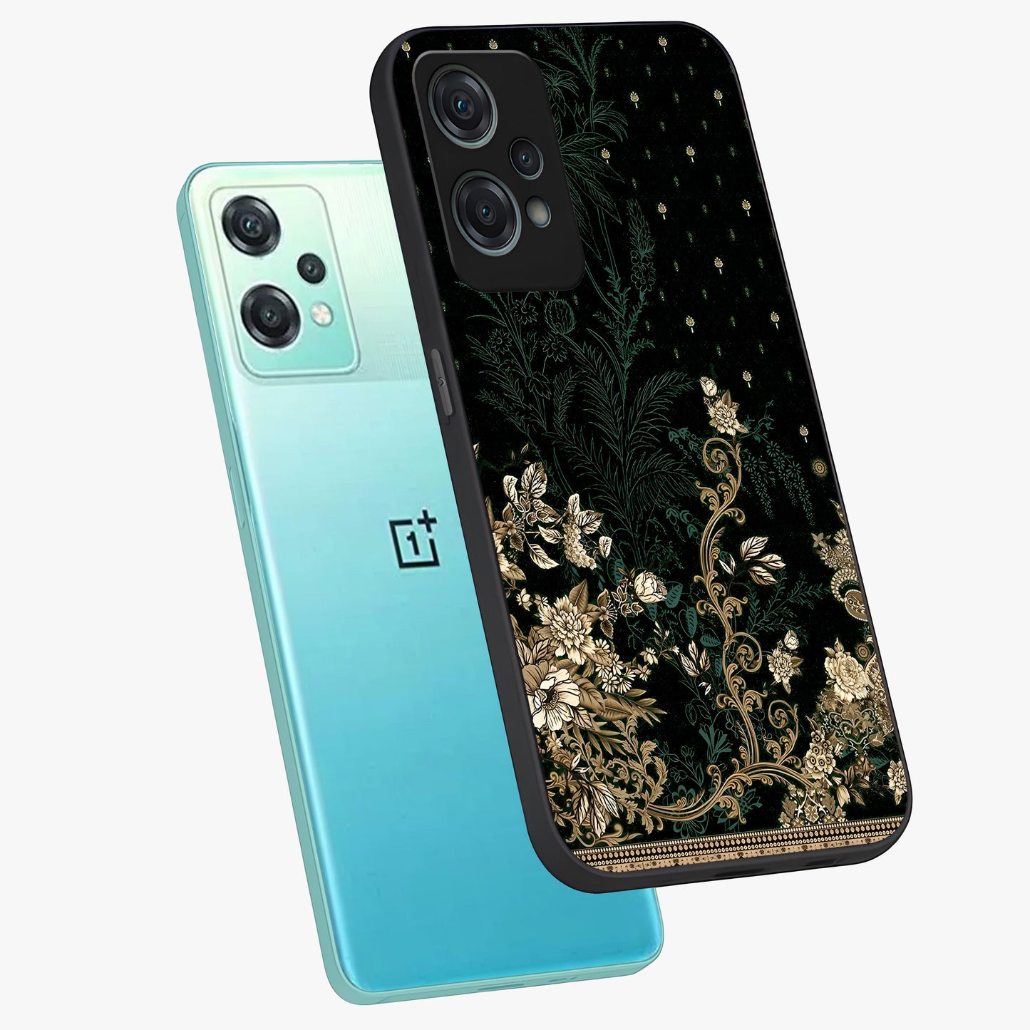 Regal Botanical Tapestry Glass Case for 1+Nord Ce 2 Lite angled mockup showcasing glossy finish and rich heritage tones