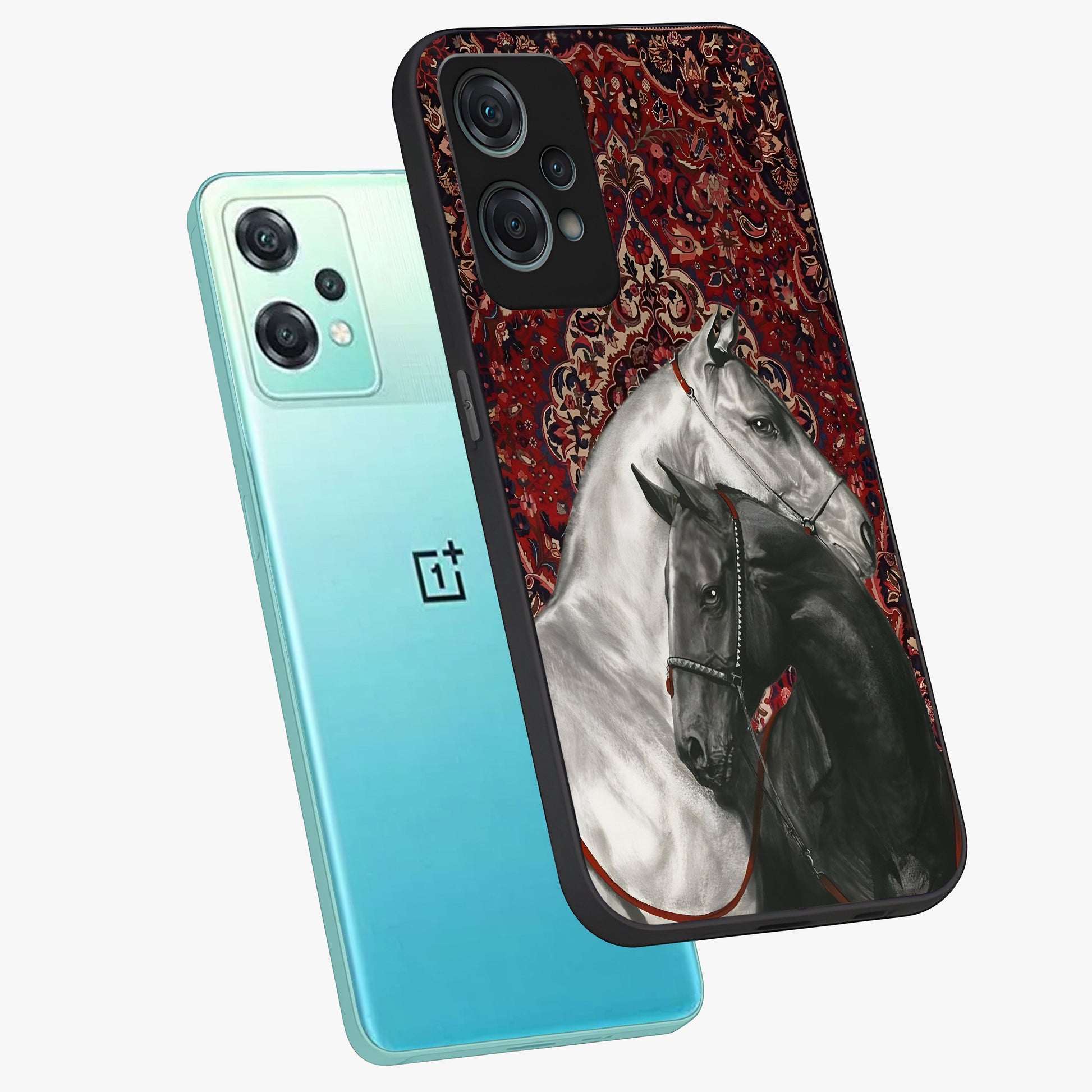 Regal Stallion Tapestry Glass Case for 1+Nord Ce 2 Lite angled mockup showcasing glossy finish and rich ornamental tones