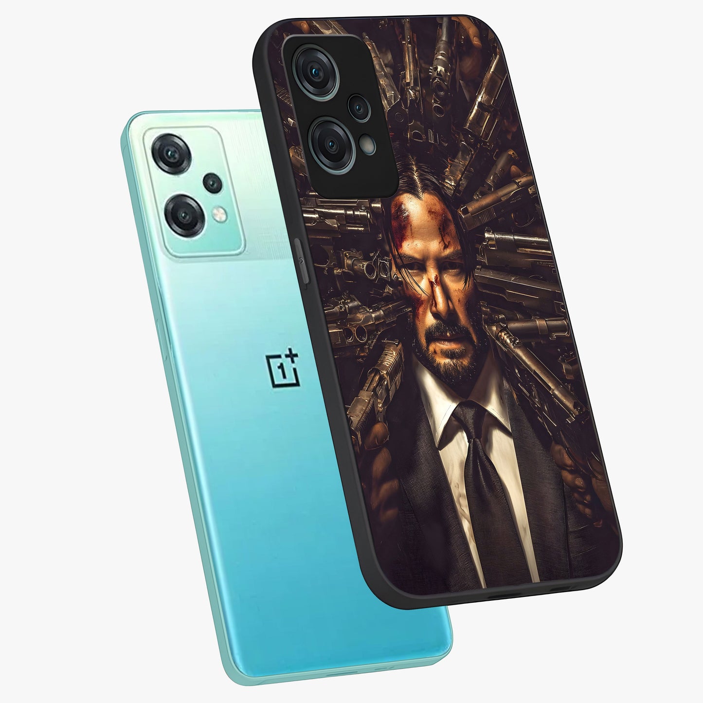 Relentless Shadow Assassin Glass Case for 1+Nord Ce 2 Lite angled mockup showcasing glossy finish and dramatic shadow detailing
