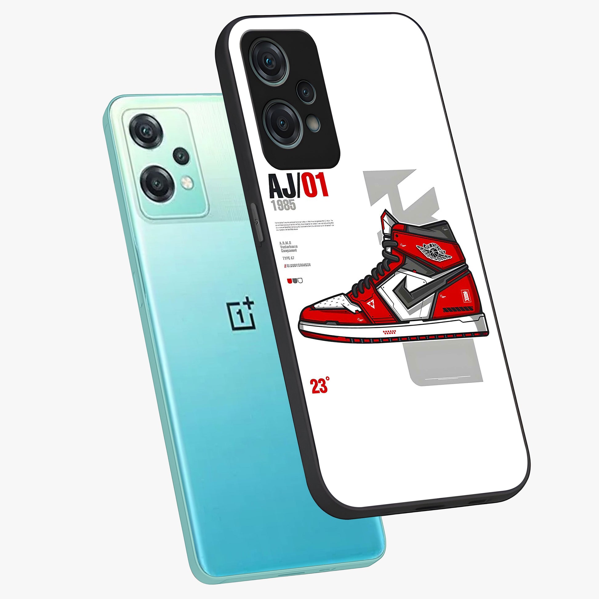 Retro Sneaker Blueprint Glass Case for 1+Nord Ce 2 Lite angled mockup showcasing glossy finish and sporty retro detailing