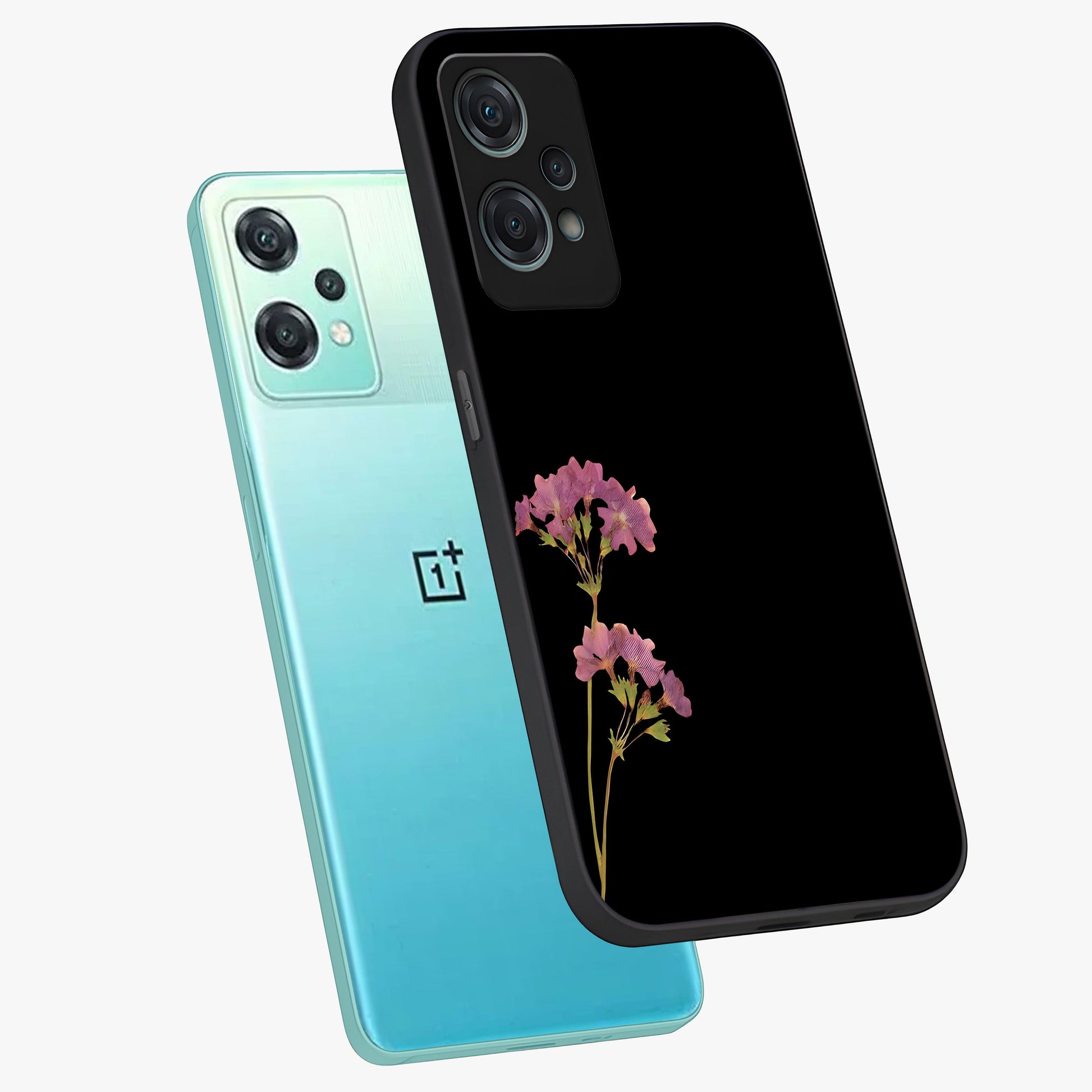 Riching Lavender Flower Glass Case for 1+Nord Ce 2 Lite angled mockup showcasing glossy finish and pastel purple tones