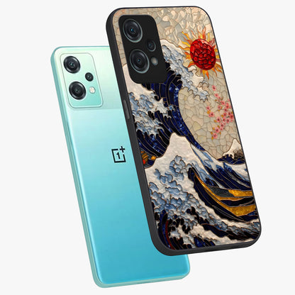 Rising Wave Glory Glass Case for 1+Nord Ce 2 Lite angled mockup showcasing glossy finish and bold ocean tones