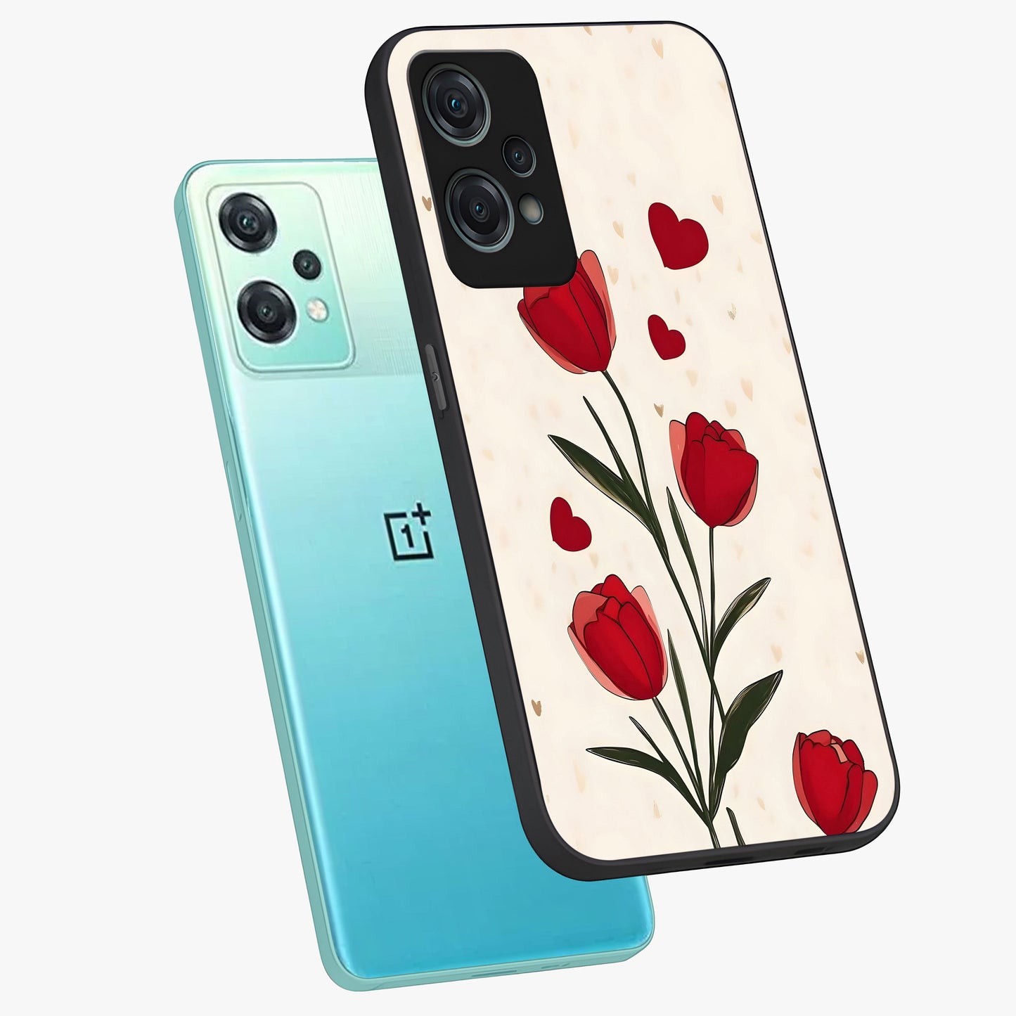 Romantic Tulip Hearts Glass Case for 1+Nord Ce 2 Lite angled mockup showcasing glossy glass finish and soft romantic tones