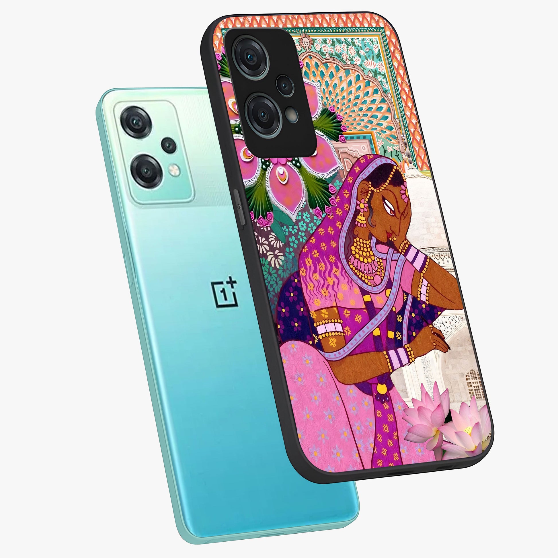Royal Lotus Muse Glass Case for 1+Nord Ce 2 Lite angled mockup showcasing glossy finish and refined floral tones