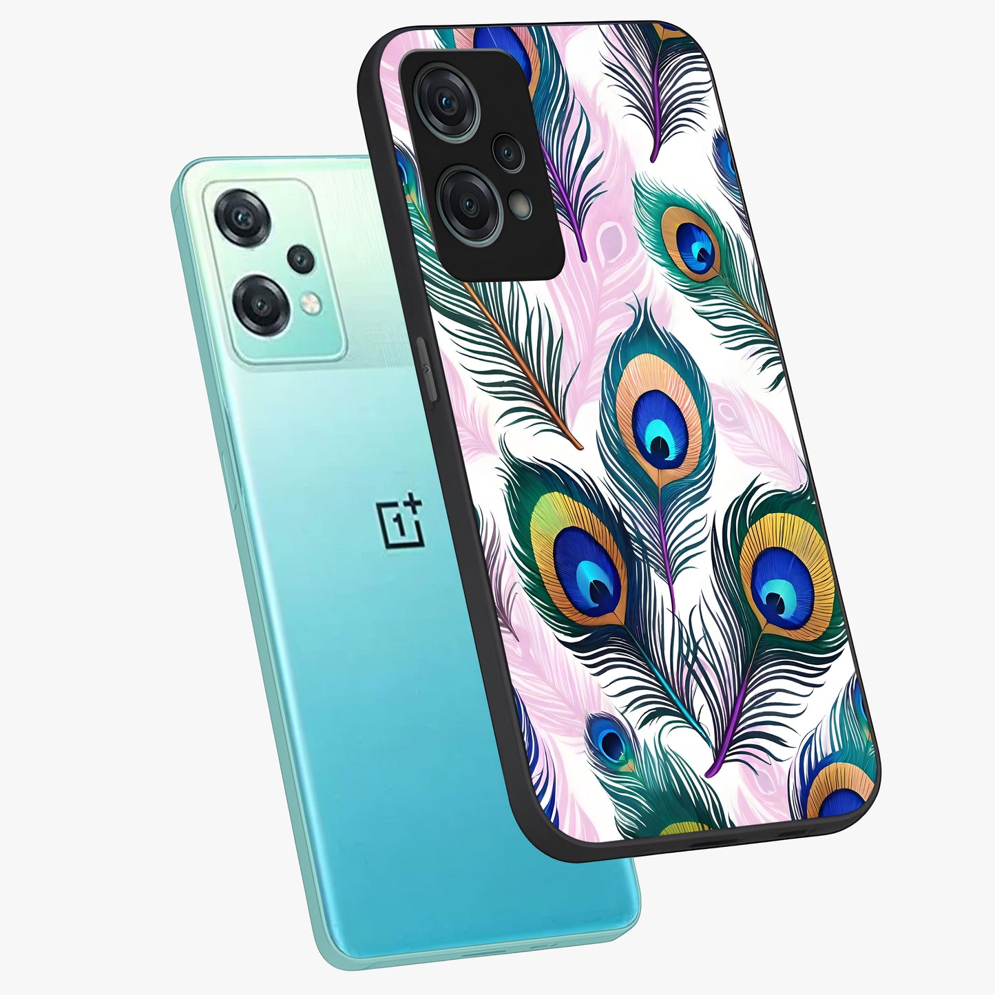 Royal Peacock Feathers Glass Case for 1+Nord Ce 2 Lite angled mockup showcasing glossy finish and rich blue green tones