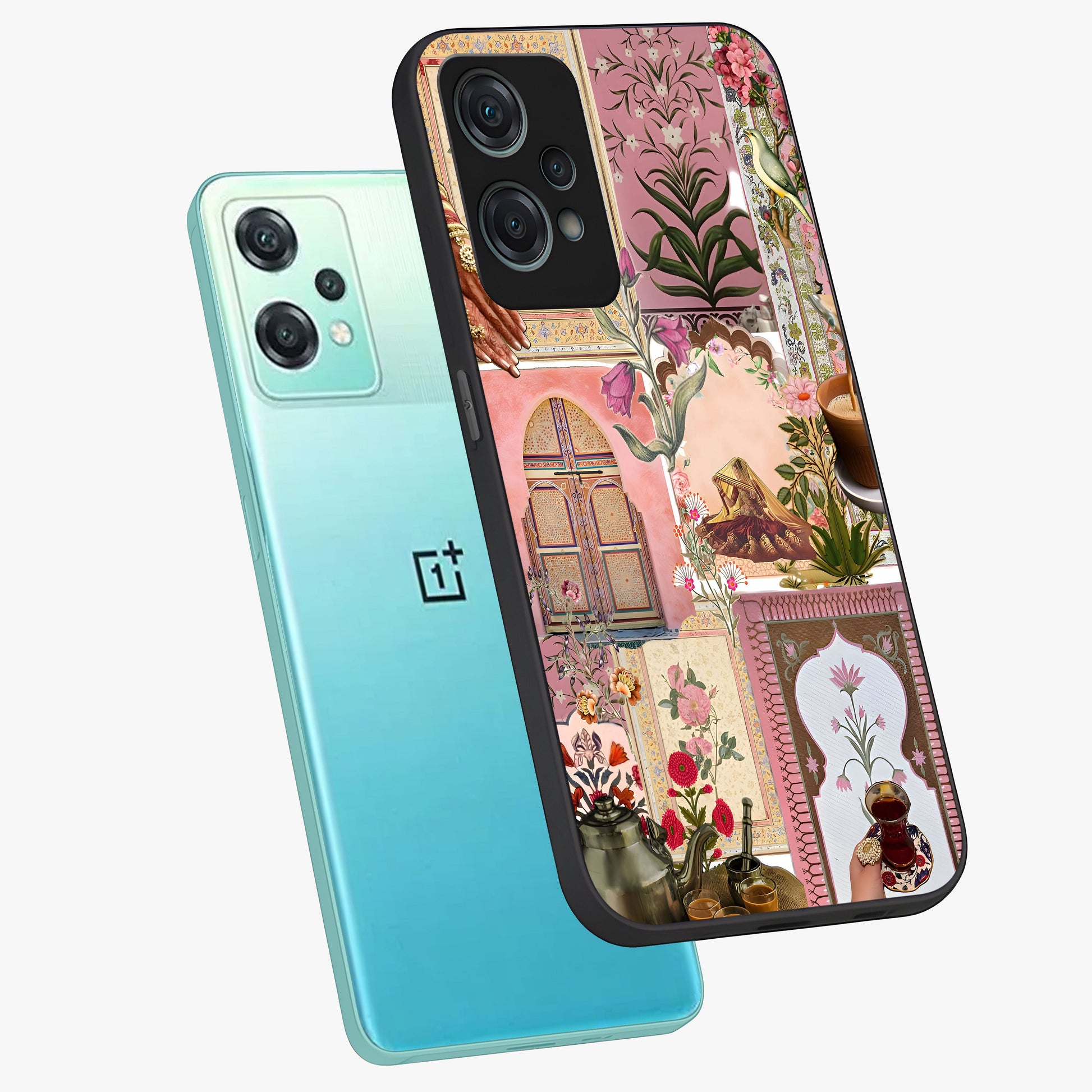 Royal Pink Legacy Glass Case for 1+Nord Ce 2 Lite angled mockup showcasing glossy finish and refined pastel tones