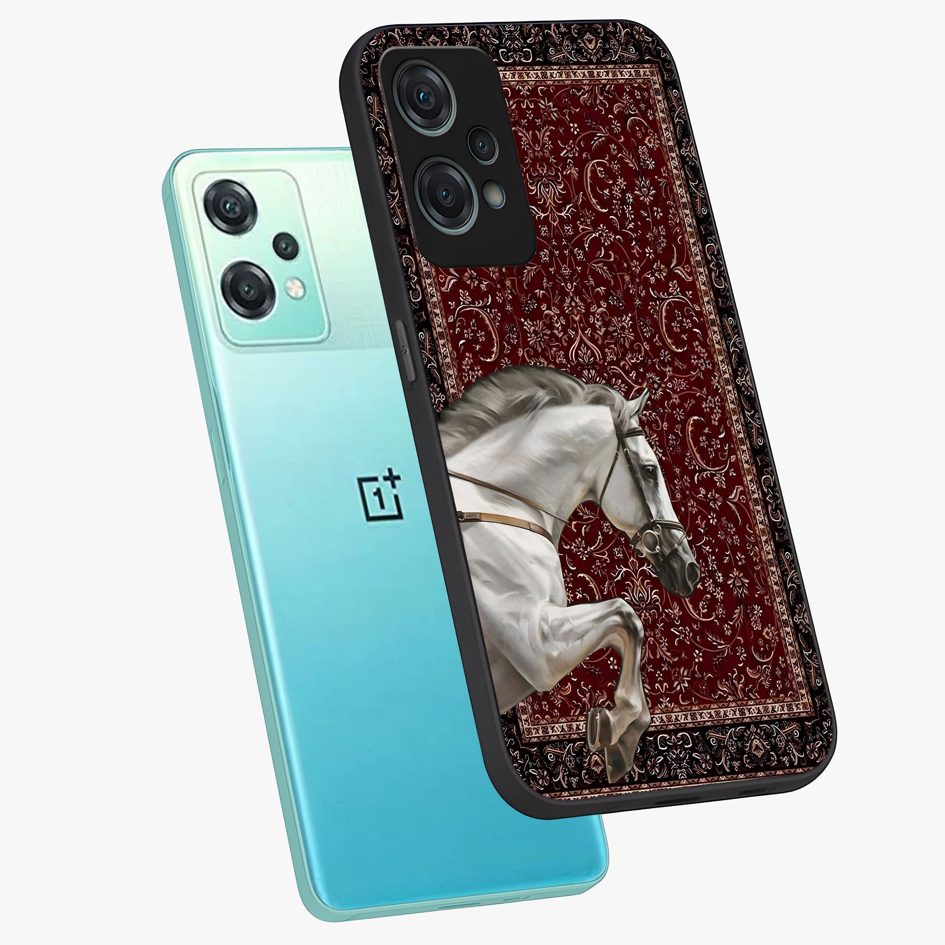 Royal Rider Tapestry Glass Case for 1+Nord Ce 2 Lite angled mockup showcasing glossy finish and heritage inspired detailing