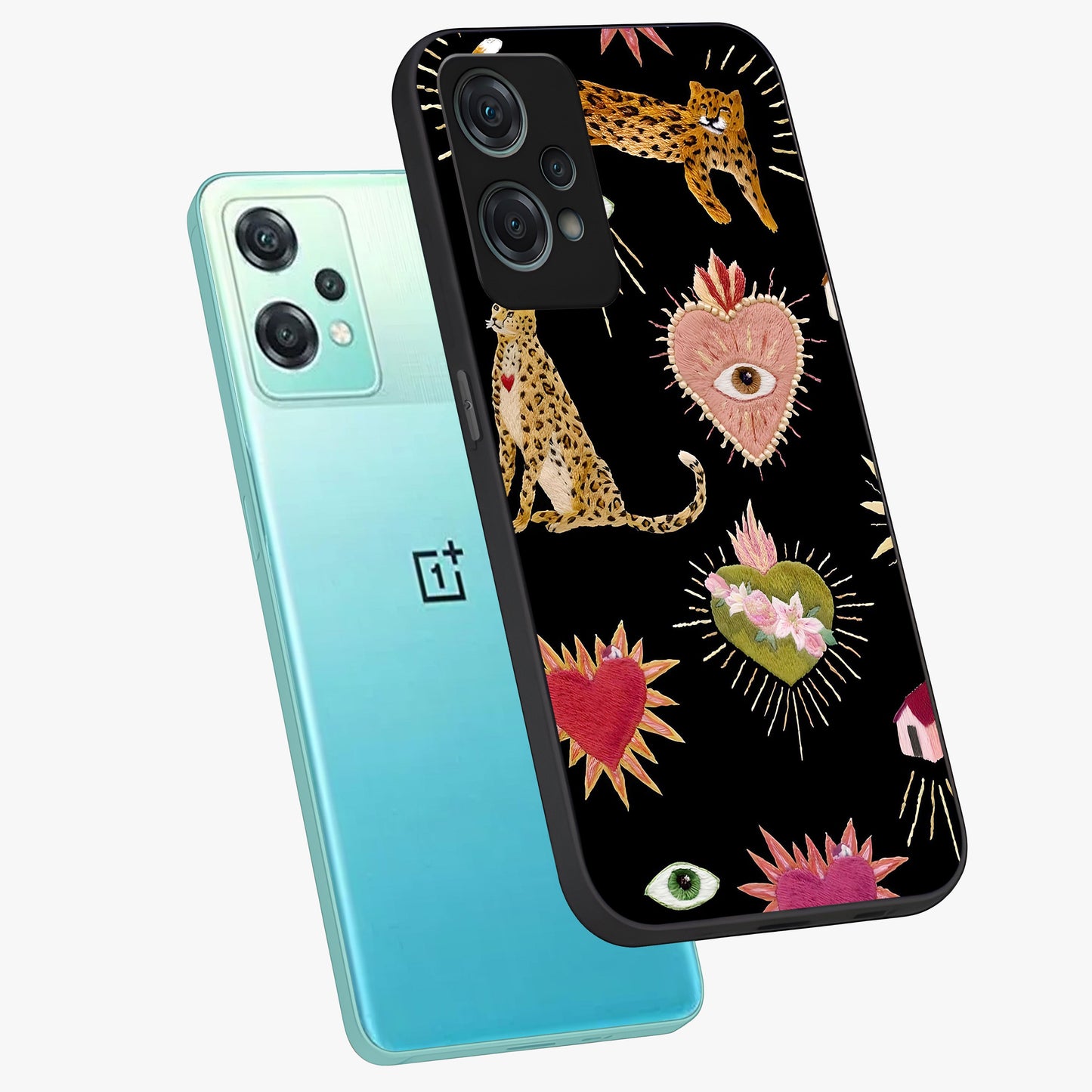 Sacred Jungle Heart Glass Case for 1+Nord Ce 2 Lite angled mockup showcasing glossy finish and rich green tones