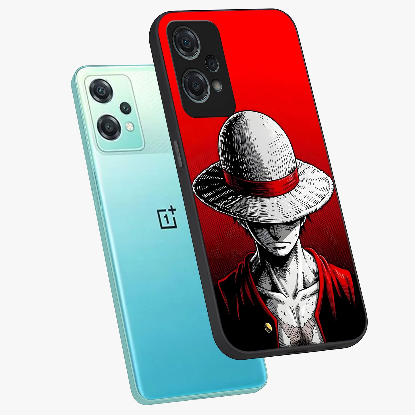 Scarlet Pirate Resolve Glass Case for 1+Nord Ce 2 Lite angled mockup showcasing glossy finish and dramatic adventurous tones