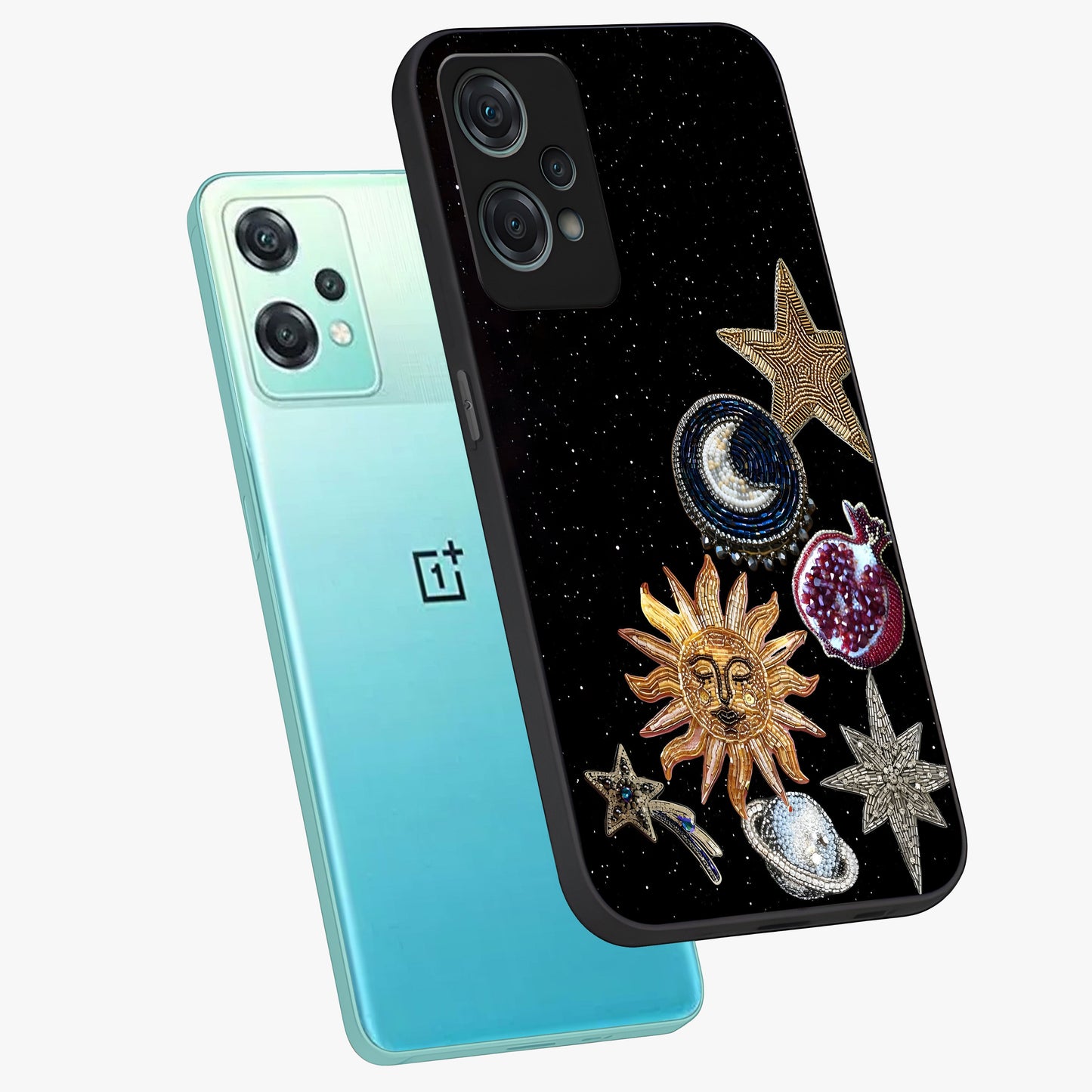 Scarlet Sky Flight Glass Case for 1+Nord Ce 2 Lite angled mockup showcasing glossy glass finish and vibrant sunset gradients
